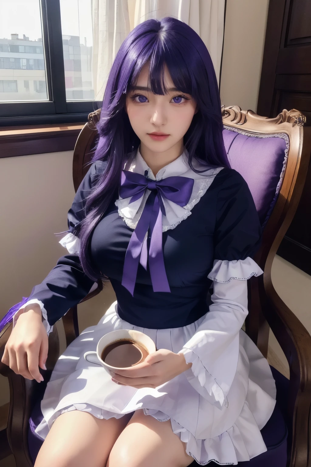 ultra-detailed, Beautiful Nose, Beautiful character design, perfect eyes, perfect face, ultra highres, girl in a chair with a cup of coffee, professional cosplay, HD Raw Photography, professional photoshoot, a cute girl, cosplay of anime girl in a maid costume, high detailed official artwork, in dress, frederica bernkastel, purple eyes, purple hair, long hair, 16K CGI, photorealistic, purple bow, dress, frills, empty eyes. expressionless, Masterpiece