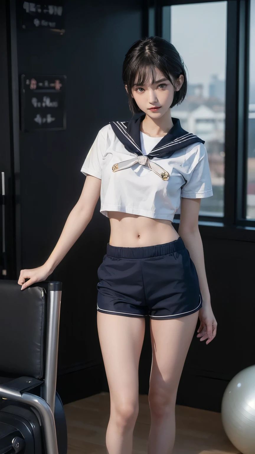 (​masterpiece:1.3), (8K, Photorealsitic, Raw photography, Top image quality: 1.4), japanes, (1girl in), beauitful face, (Lifelike face), Beautiful hairstyle, realisticeyes, Eyes in Beautiful Details, (real looking skin), Beautiful skins, enticing, 超A high resolution, A hyper-realistic, high detailing, the golden ratio, (Detal Face:1.2), see the beholder,masutepiece, Best Quality, Ultra-detailed, finely detail, hight resolution, Composition of the whole body、Open Legs Pose、Bold legs open、Beautiful detailed eyes, fitness wear, Natural Color Lip,Photorealsitic、realisitic、独奏、Photorealsitic、top-quality、extra detailed face、extremely detailed eye and face、beatiful detailed eyes、absurderes、incredibly absurdness、hair messy、Floating hair、Brown hair、Wavy hairstyle、Middle hair、(extremely details CG、8K Picture Wallpaper)、(extremely delicate and beautiful)、(​masterpiece)、(top-quality:1.0)、(超A high resolution:1.0)、beautiful  lighting、perfect lightning bolt、realistic shadow、[hight resolution]、Detailed skin、ultra-detailliert、detailed faces and eyes、Realistic eyes、Sharp pupils、beauitful face、plein air、Downtown Japan、In the hustle and bustle、blurry backround、shinny skin、Blunt bangs、Red Eye、(Sailor Suit 1.2)、Sailor suits have long sleeves、Super high quality photos, The 8k quality, Outdoors, Full body composition, looking in camera, Japan 20-year-old woman, Perfect beauty, Pore-visible texture, Perfect facial features, clear bare skin, clear bare skin, Beautiful toned body, muscular, slender, Poor breasts, Toned buttocks with small breasts、small ass、 Bloomers (Bloomers in Japan School, Seamless design, Monochromatic bloomers, Bloomers are dark blue, tight fitted、Bloomers are elastic fabrics、The length of the bloomer is from the navel３ｃｍThe following degrees, )Legs wide open、、deadpan、(Face turned to the side、)