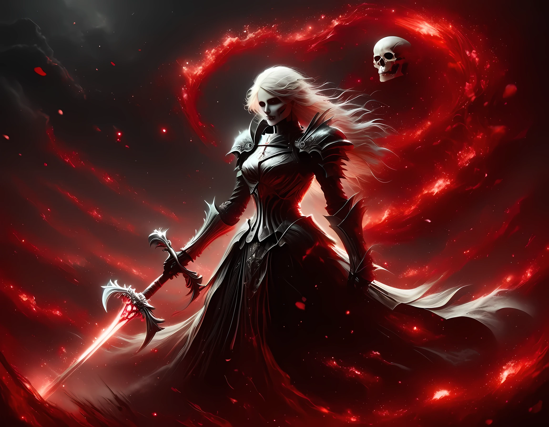 dark fantasy art, a female skeletal grim reaper in a field of white roses, the reaper has (skeletal head: 1.3) , long (white: 1.2) hair , red glowing eyes, she wears black robes, and black armor dress, ArmoredDress, flowing robes, she holds a scythe, in her arms, the scythe is dripping blood, a field of white roses background, dynamic range, ultra wide shot, photorealism, depth of field, hyper realistic, RagingNebula