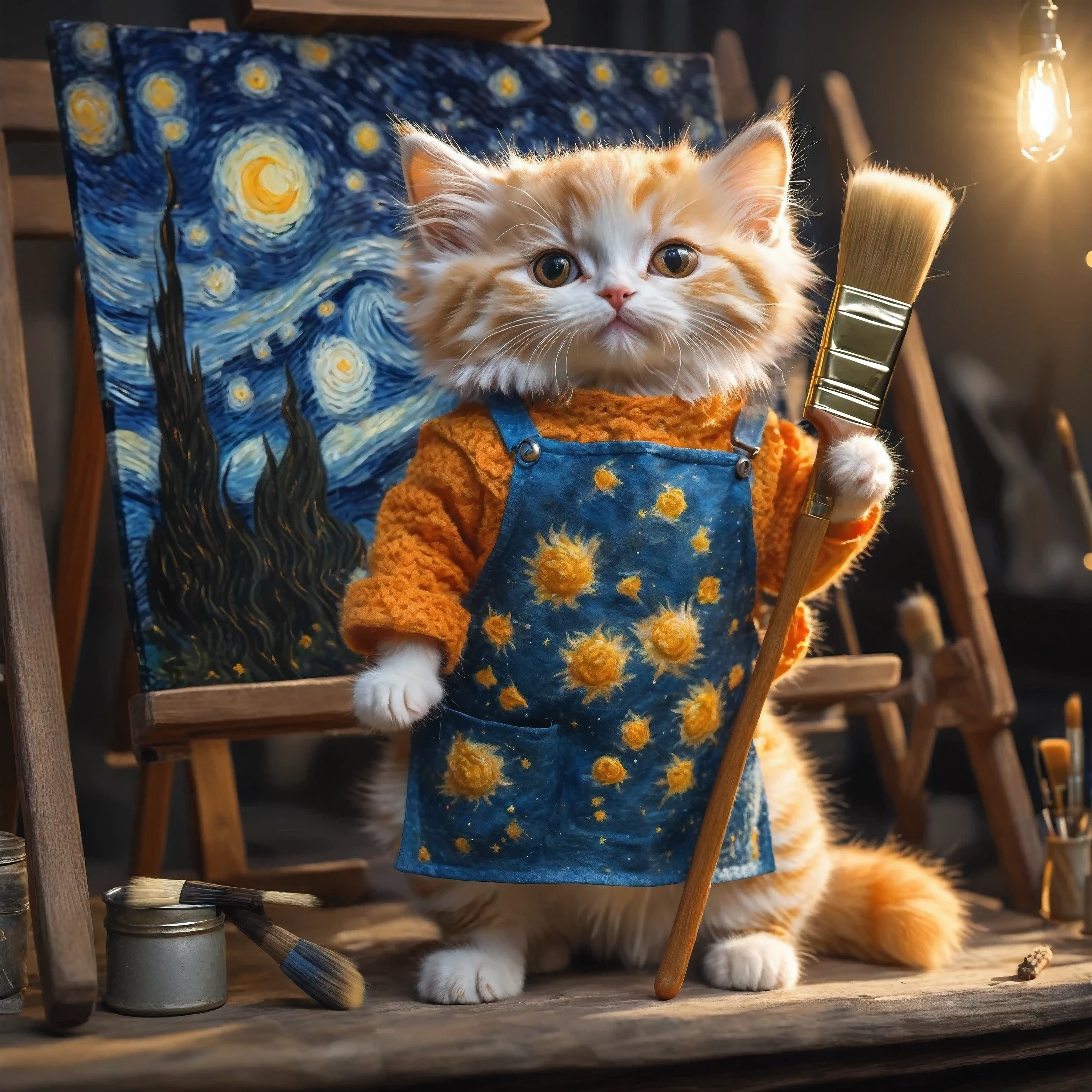 A mini angora kitten with orange fur, doing a beautiful cosplay of the painter Vincent Van Gogh wearing a painting apron holding a brush, painting easel and canvas Starry Night, Isometric, Cinematic, Hyperrealistic, Backlit, Extremely Low Angle, Highly Detailed, Low View, Unrealistic Rendering, 8K