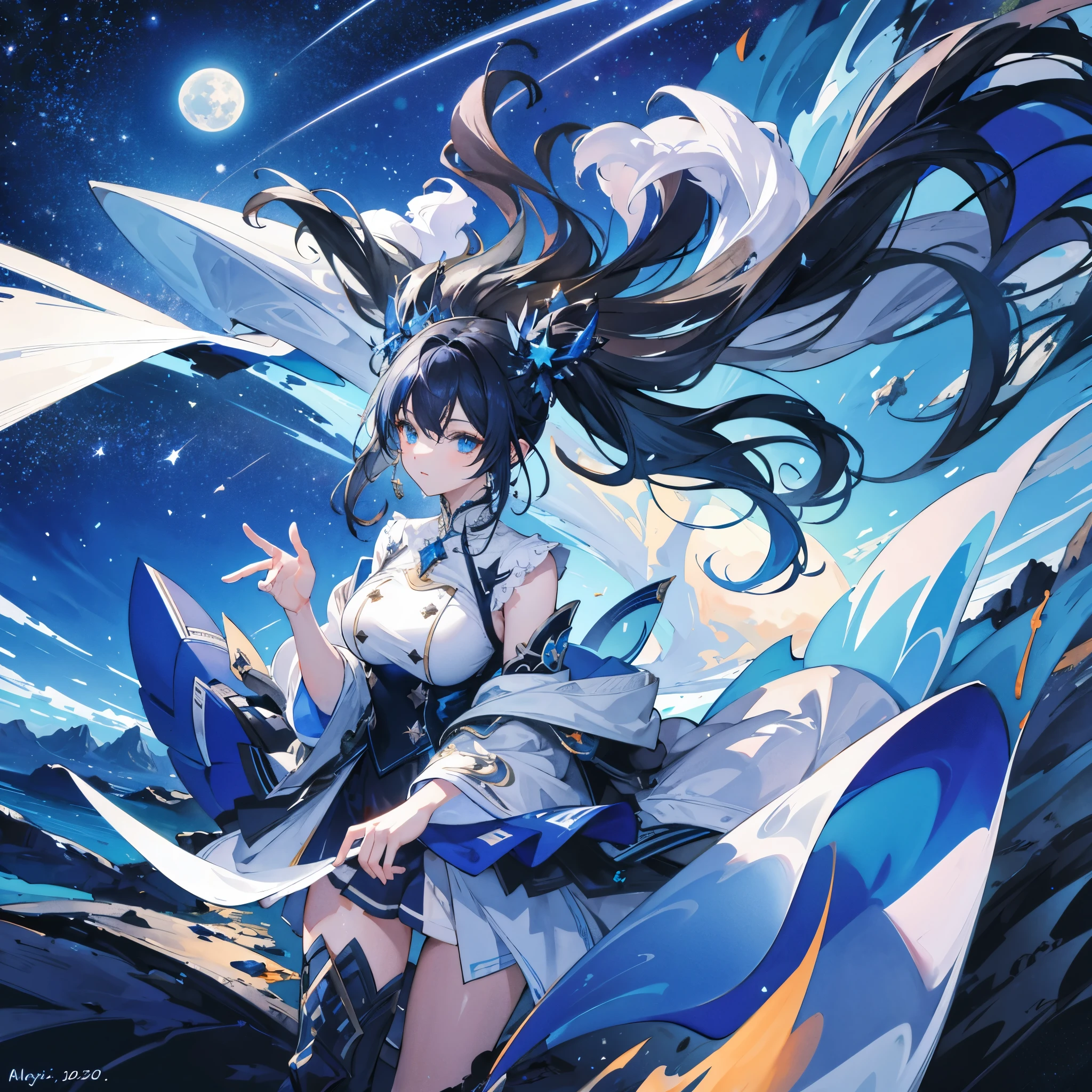 (masterpiece, highest quality), (Detailed Hair), watercolor, Big breasted, Vast landscape photography, 4K, (Dynamic configuration:1.4), Very detailed, masterpiece, One girl, universe, Concept Art, Shining Lights, Vast landscape photography, Atmospheric lighting, dream-like, Magic, one person, full moon, shooting star, nebula, Presented from above, Intricate details, The beauty of the universe, Bright blue, black, Strong light, midjourney