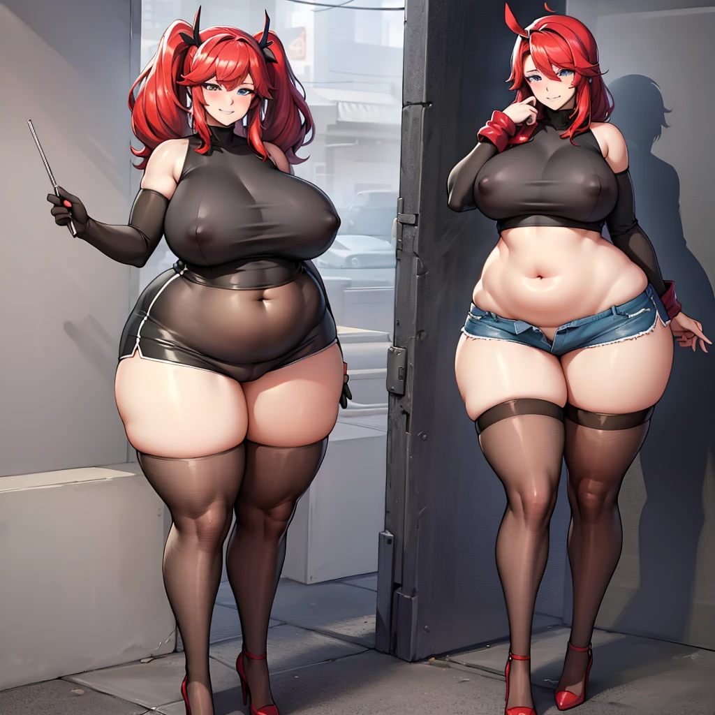 Your beautiful gorgeous sexy curvy tomboy girlfriend wearing a crop top and booty shorts,solo, blushing, grinning, accidentally cute pose, she knows you’re trying to make her fatter, she loves you, heavy chubby belly, wide hips, massive round heavy breasts, massive wide round heart shaped shelf bubble butt, long red hair, beautiful blue eyes, small tight revealing clothes,