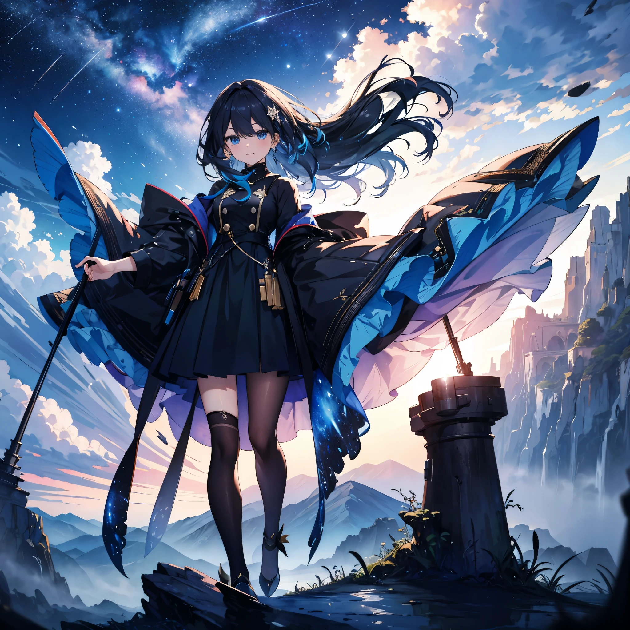 Anime girl with long hair and black dress standing on a rock - SeaArt AI