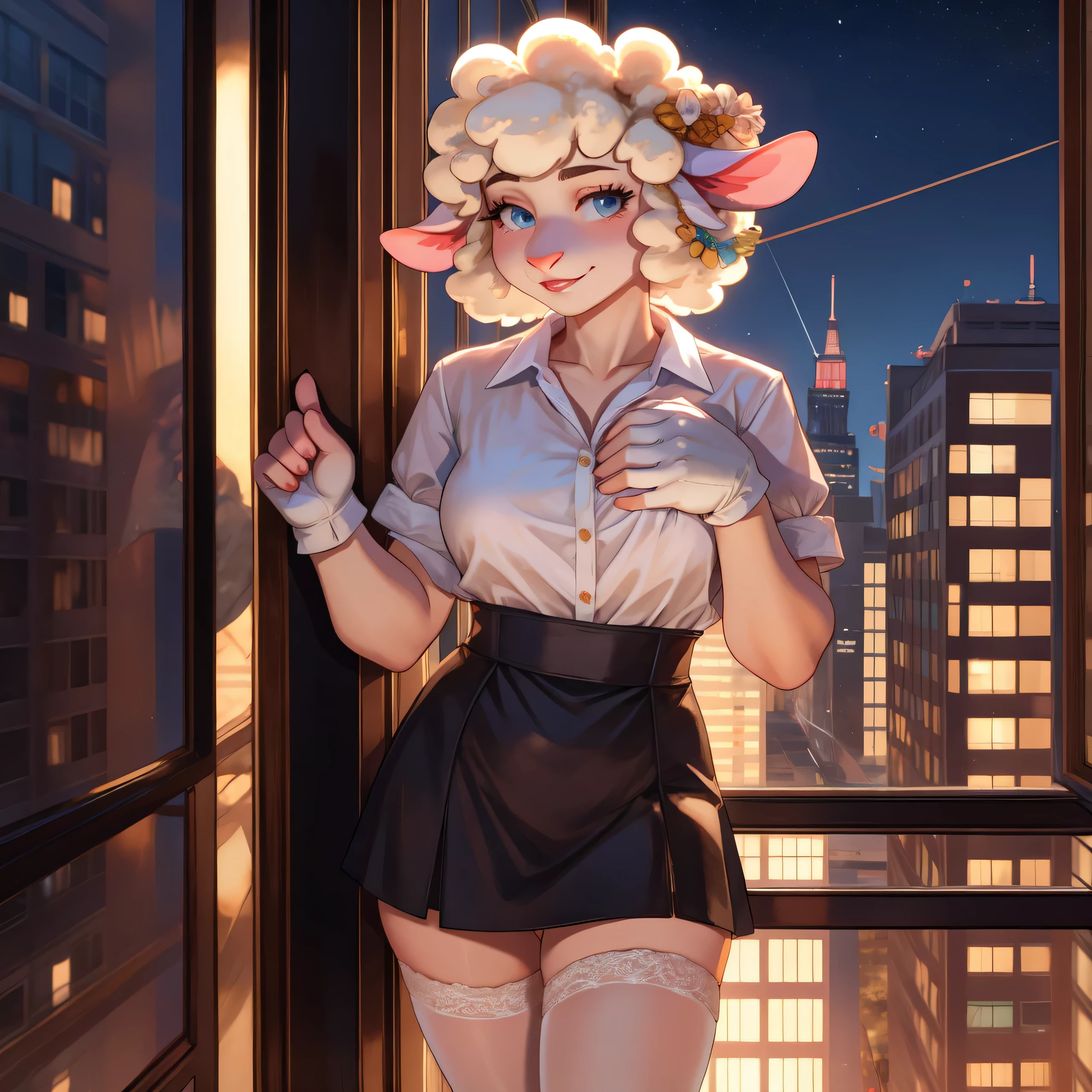 sheep, female, white blouse, black miniskirt, white gloves, white stockings, lean against wall, drunk, smirk, horny, hand on breasts, on 32 floor, panoramic window, city behind window, night