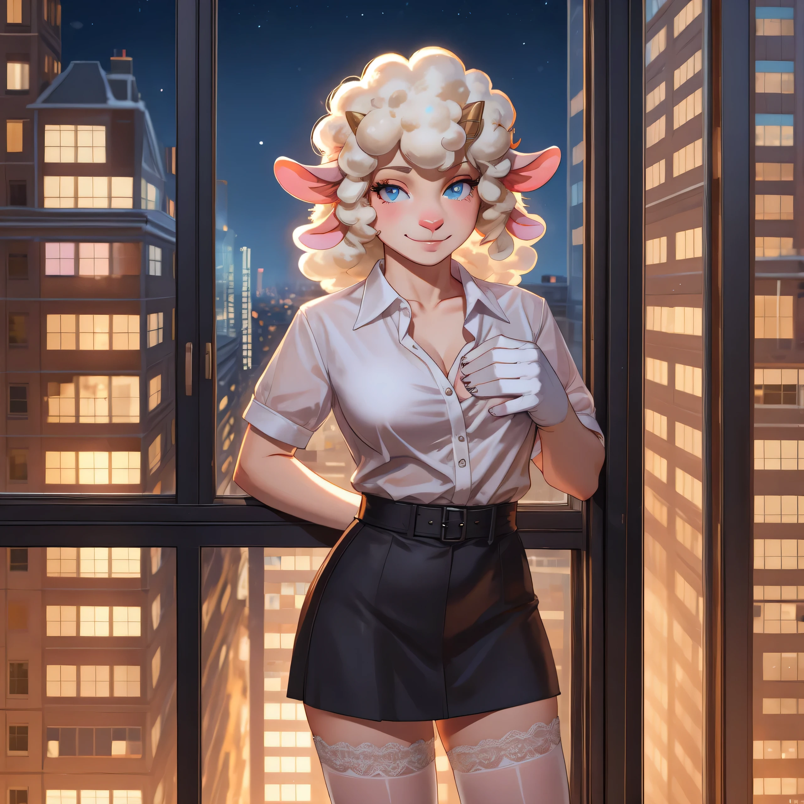 sheep, female, white blouse, black miniskirt, white gloves, white stockings, lean against wall, drunk, smirk, horny, hand on breasts, on 32 floor, panoramic window, city behind window, night