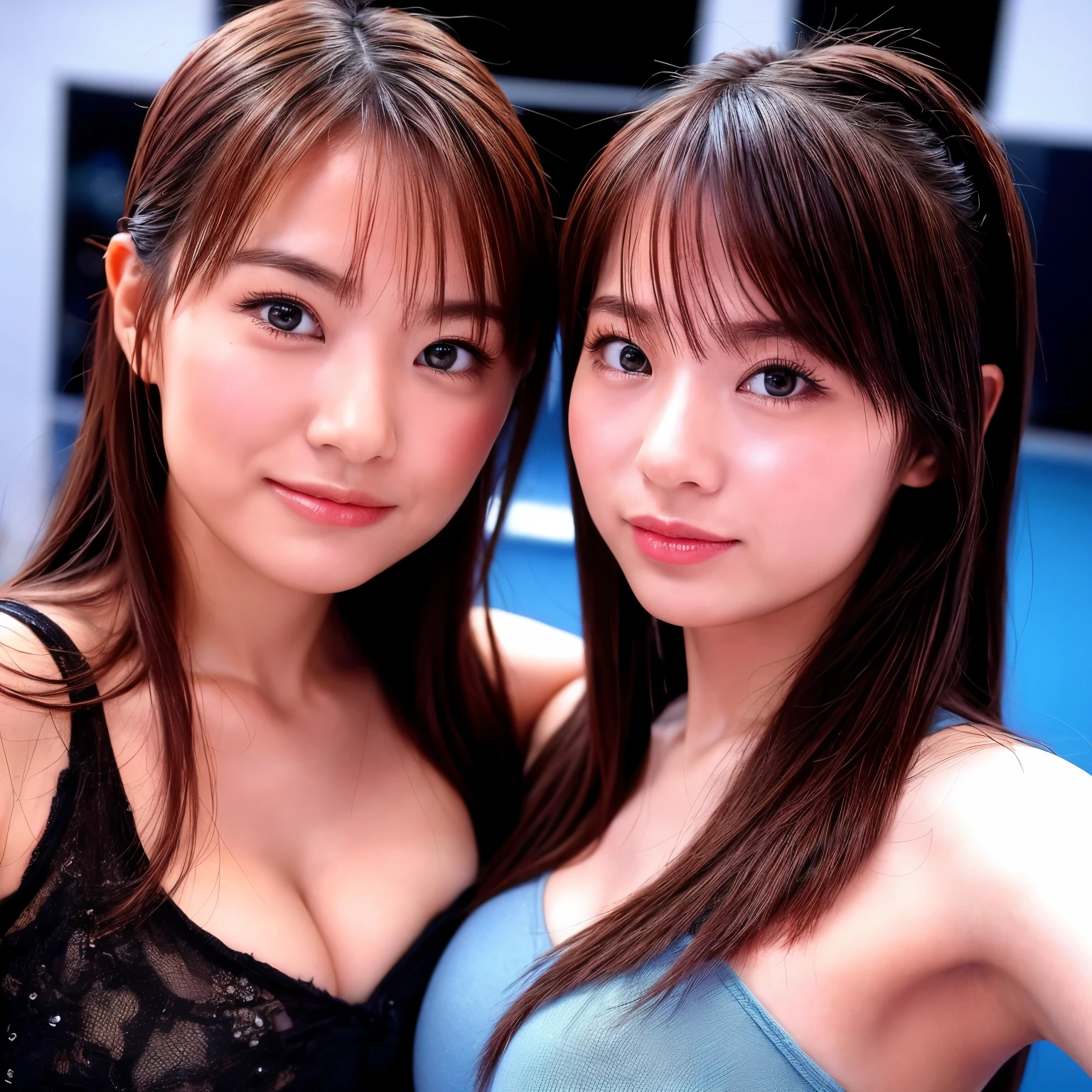 Close-up、Imagine identical twin sisters taking photos in a photo studio that emphasize their cuteness and mystery.。Sisters taking a commemorative photo on a trip、While holding each other tightly