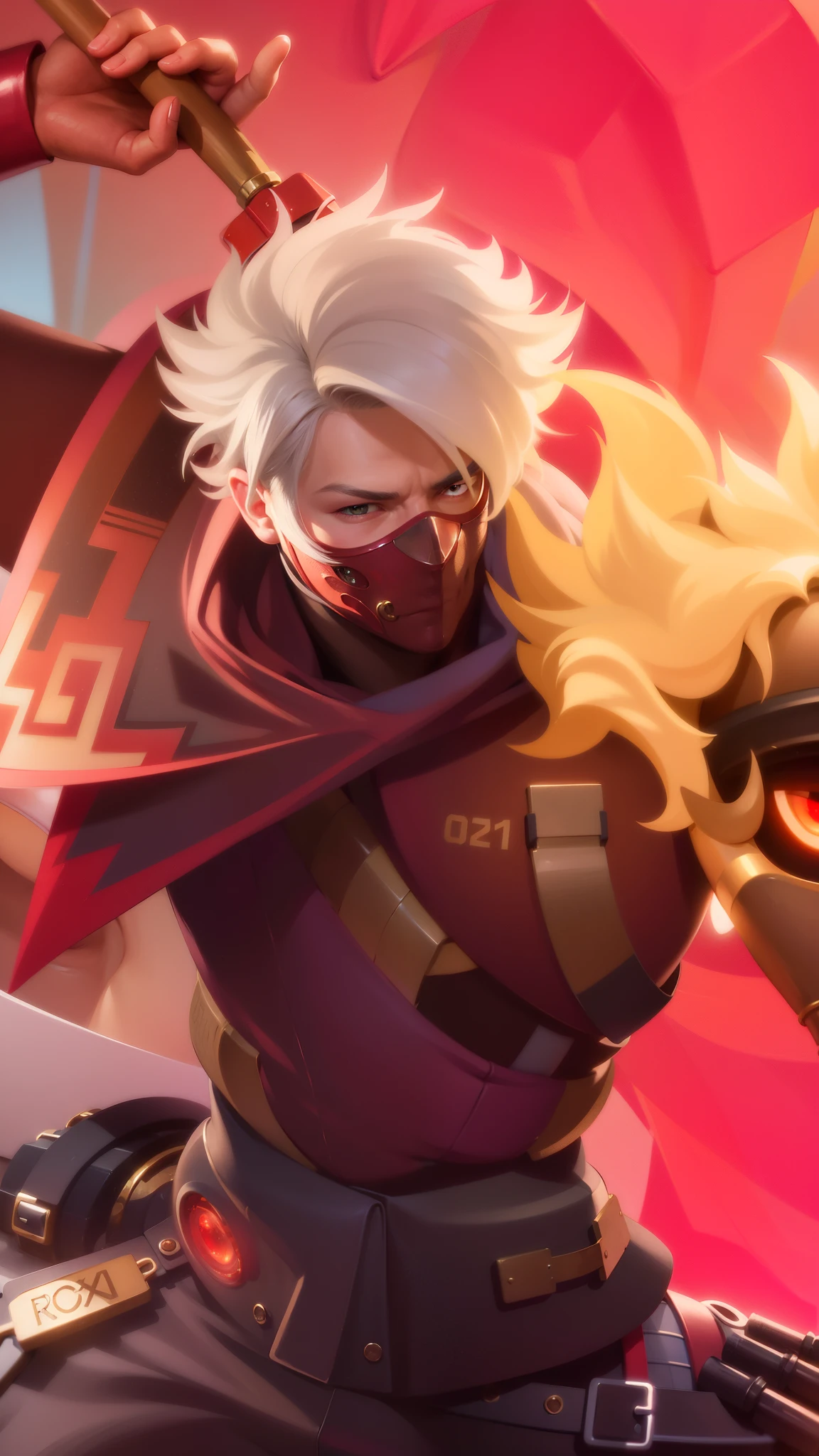 a close up of a guy with a steampunk mask on, Best quality, masterpiece, detailed skin texture, detailed clothes texture, detailed face, super detail, 8k, intricate detail, 1 boy, The color doesn't change, Muscle guy, 1 guy, strong red eye glow (red eye:1.2), holding a sword.