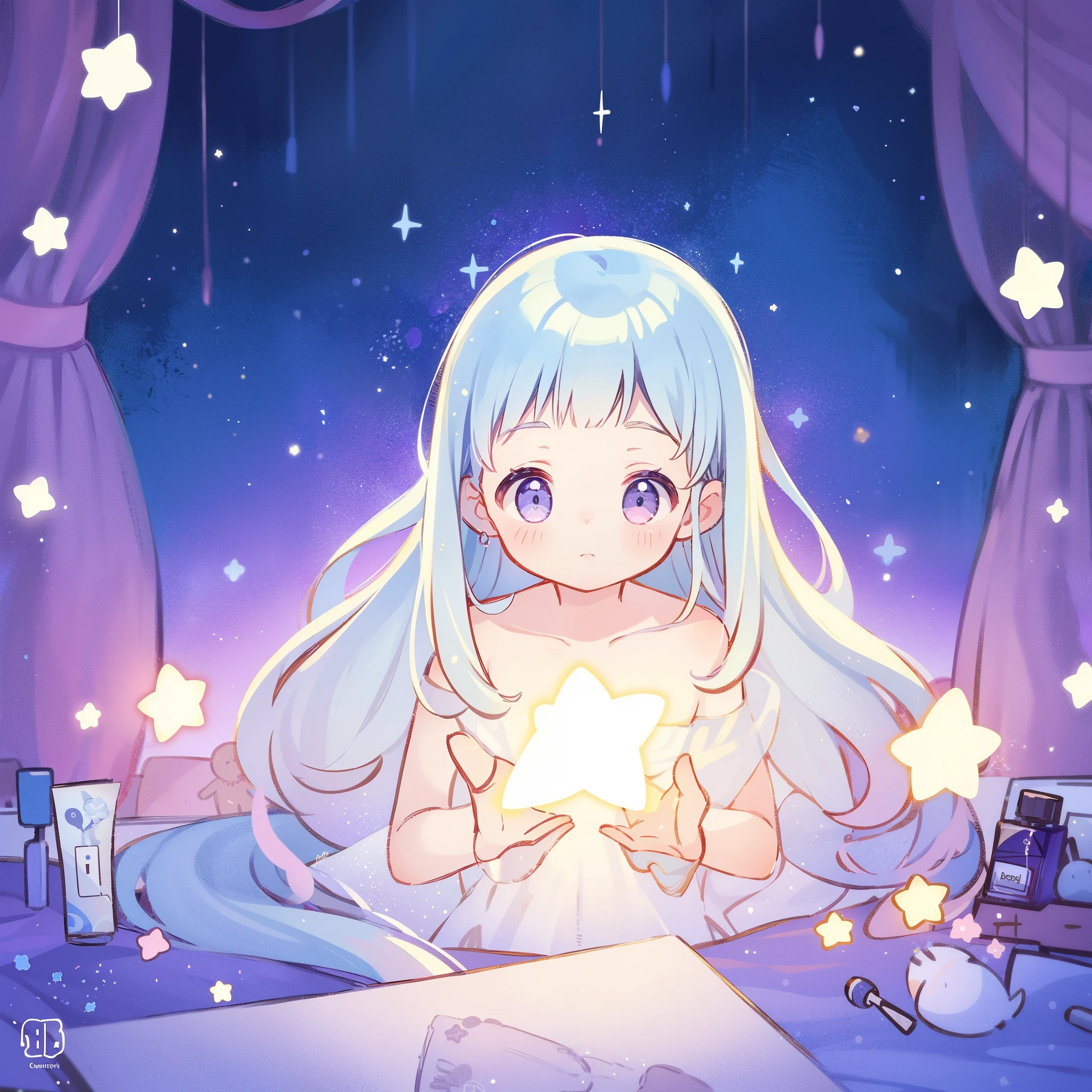 complex background, wishing star background, a nude girl catching a stream of glowing stars in her hands, long flowing blue hair, dreamy, peaceful, serene composition, glowing stars, glowing, complex drawing, highly detailed, ethereal, starry night, midjourney style