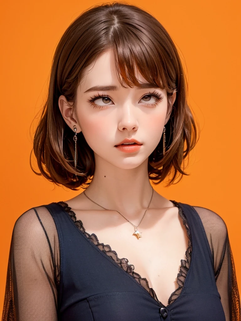 ((Realistic lighting, Best quality, 8K, Masterpiece: 1.3)), Clear focus: 1.2, 1girl, Perfect Figure: 1.4, Slim Abs: 1.1, Super fine face, Fine eyes, Double eyelids, gasping, trembling, begging forgiveness, shocked face, scared, terrified, open mouth, deeper look, looking at the viewer, (aheago:1.5), Upper body、Big eyes、eyelash、((very simple orange background:1.8))、(((Black French Braid, Big eyes、big and full chest、avoiding eye contact 、beautiful beauty、show me your ears、long neck、low hairline、small forehead)))
