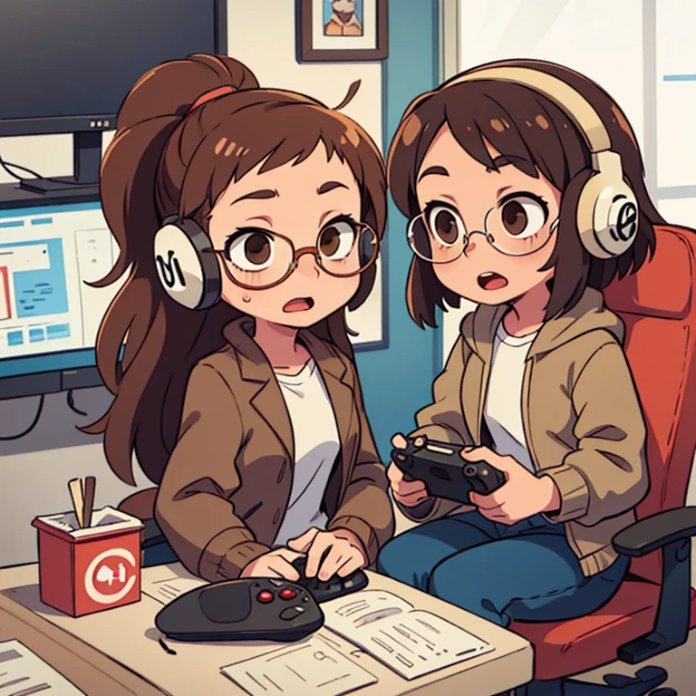 cartoon girl in brown jacket and white shirt, slightly confused face, slightly open mouth, brown eyes, glasses with lenses,Long brown hair, holding a joystick, player with headphones, sitting in a gaming chair