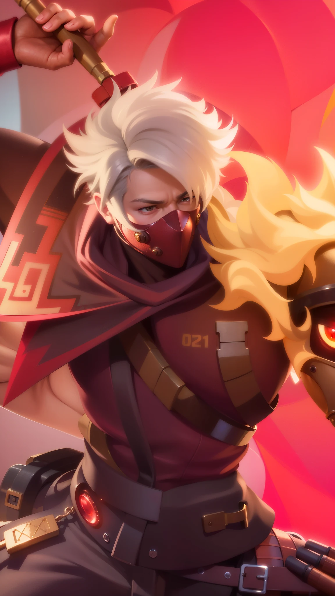 a close up of a guy with a steampunk mask on, Best quality, masterpiece, detailed skin texture, detailed clothes texture, detailed face, super detail, 8k, intricate detail, 1 boy, The color doesn't change, Muscle guy, 1 guy, strong red eye glow (red eye:1.2), holding a sword.