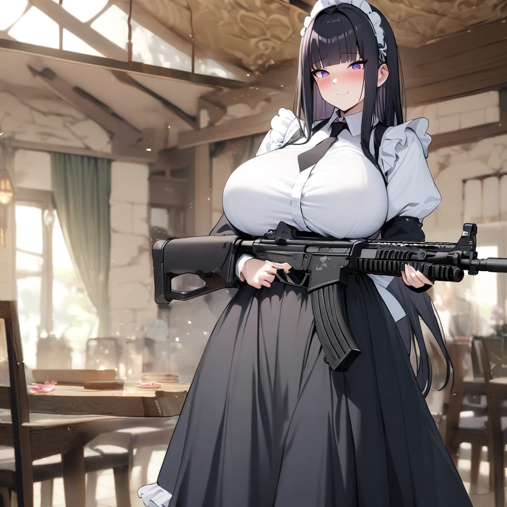 (masterpiece, highest quality, Absurd), One Woman,mature,Mature,Age 25,Black Hair, Straight long hair, Blunt bangs, Big Breasts, Tight waist, Purple eyes, petal, Blue tanned skin, indoor, Gunsmith,Assault rifle,Maid,Black Long Skirt,Maid headdress, Maid apron, Cowboy Shot, blush, A light smile, Tilt your head, bow