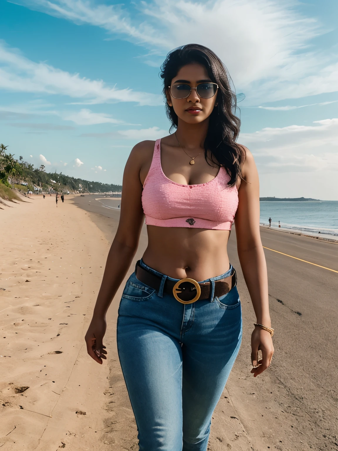 Tamil girl, sunglasses, pink slips, denim, sports shoes, belt, hourglass figure, round deep navel, walking, tightened jawline, textured skin, 28 years old, eyes symmetry, face symmetry, evening sky, beach road, full body shot, HDR, hyper realistic, exceptional quality 