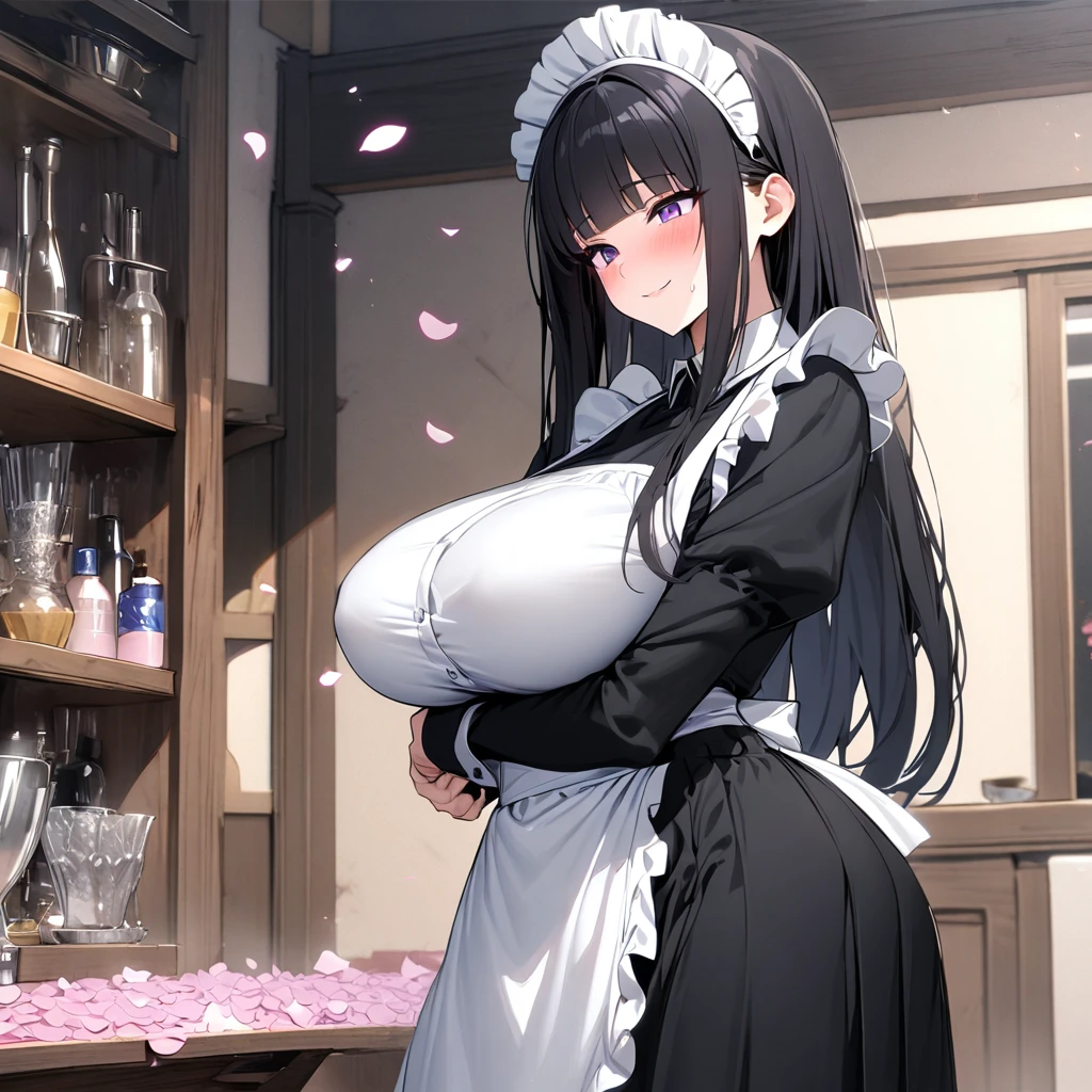 (masterpiece, highest quality, Absurd), One Woman,mature,Mature,Age 25,Black Hair, Straight long hair, Blunt bangs, Big Breasts, Tight waist, Purple eyes, petal, Blue tanned skin, indoor, Gunsmith,Assault rifle,Maid,Black Long Skirt,Maid headdress, Maid apron, Cowboy Shot, blush, A light smile, Tilt your head, bow
