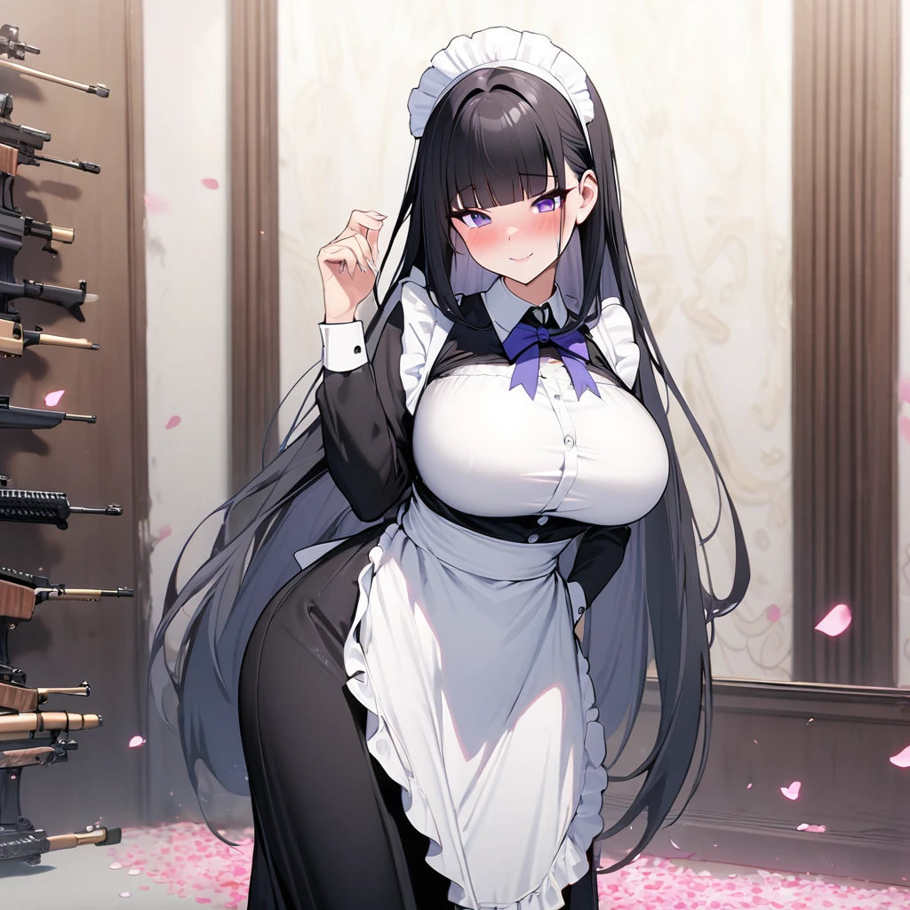 (masterpiece, highest quality, Absurd), One Woman,mature,Mature,Age 25,Black Hair, Straight long hair, Blunt bangs, Big Breasts, Tight waist, Purple eyes, petal, Blue tanned skin, indoor, Gunsmith,Assault rifle,Maid,Black Long Skirt,Maid headdress, Maid apron, Cowboy Shot, blush, A light smile, Tilt your head, bow