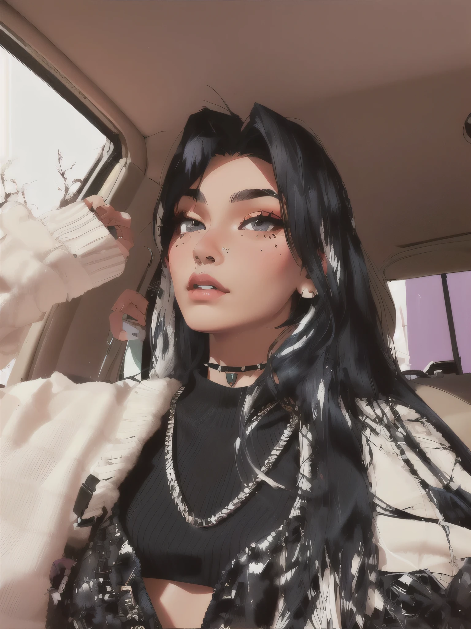 araffed native/mexican woman in a car with a black and white striped sweater, septum piercing, nose piercing, nose ring, 18 years old, with long hair and piercing eyes, half asian, wearing a native american choker, wearing spikes and piercings, small lips, small pointy nose,, picture, 22years old