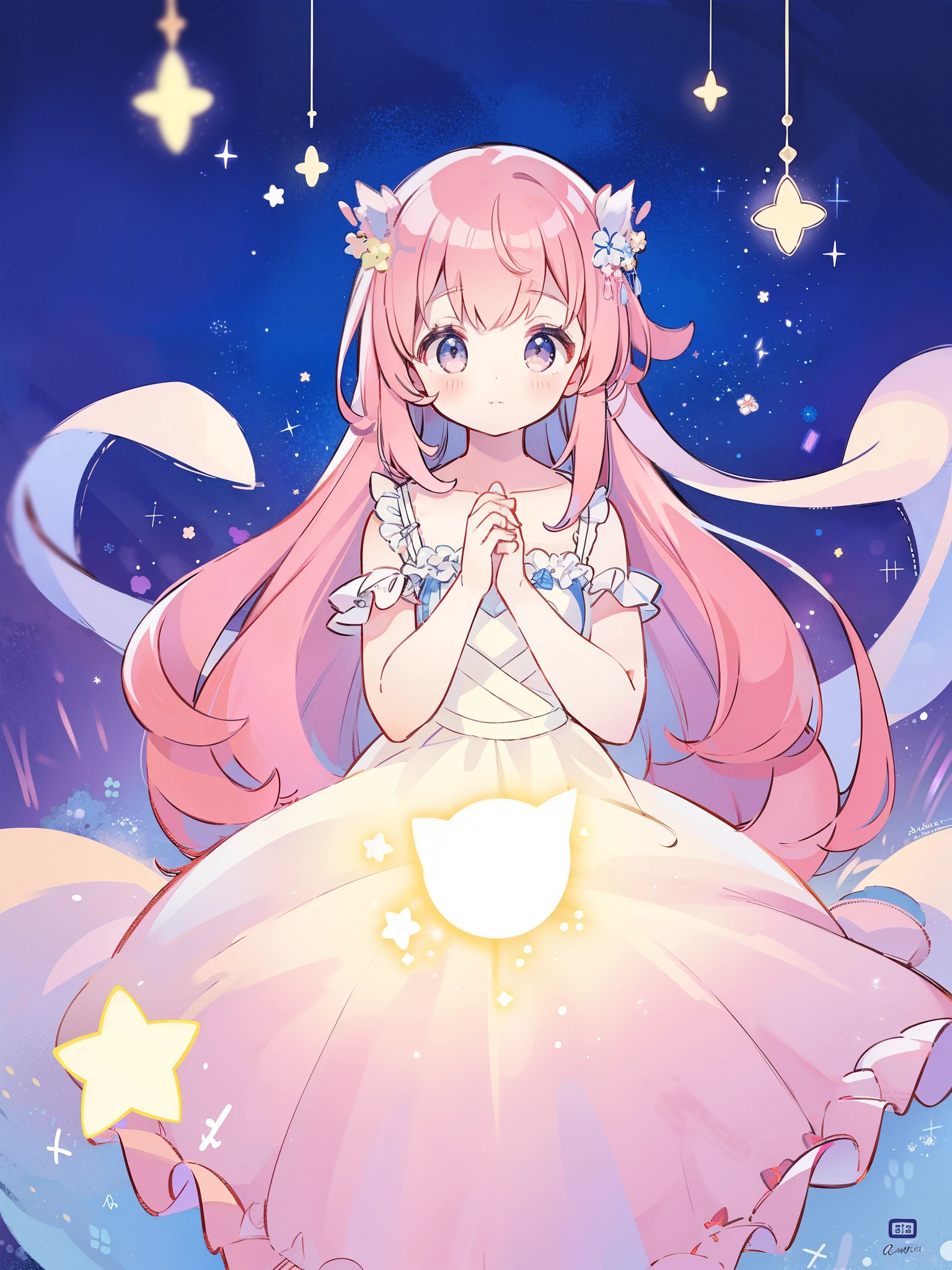 complex background, wishing star background, a woman wearing an ethereal mystical pink translucent dress that reflects the stars, perfume promo art, mystic, complex drawing, highly detailed, Covergirl brand, promo art, artistic rendition, ethereal, starry night, midjourney style