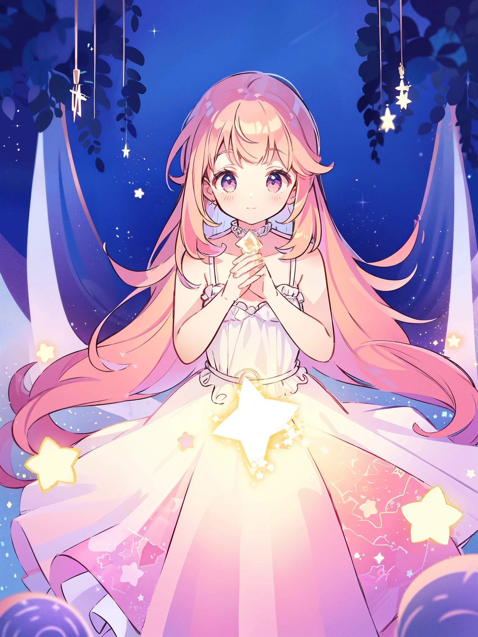 complex background, wishing star background, a woman wearing an ethereal mystical pink translucent dress that reflects the stars, perfume promo art, mystic, complex drawing, highly detailed, Covergirl brand, promo art, artistic rendition, ethereal, starry night, midjourney style