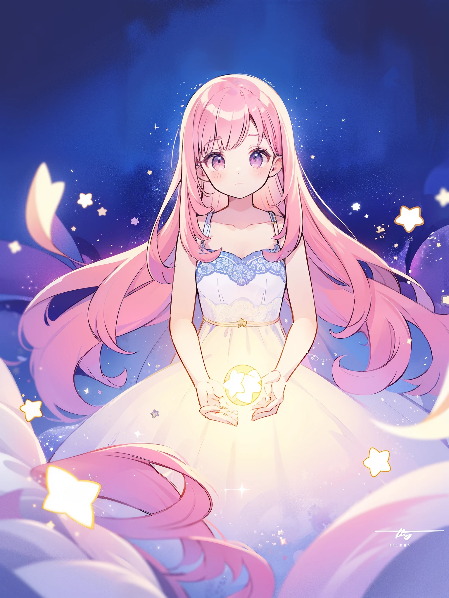 complex background, wishing star background, a woman wearing an ethereal mystical pink translucent dress that reflects the stars, perfume promo art, mystic, complex drawing, highly detailed, Covergirl brand, promo art, artistic rendition, ethereal, starry night, midjourney style
