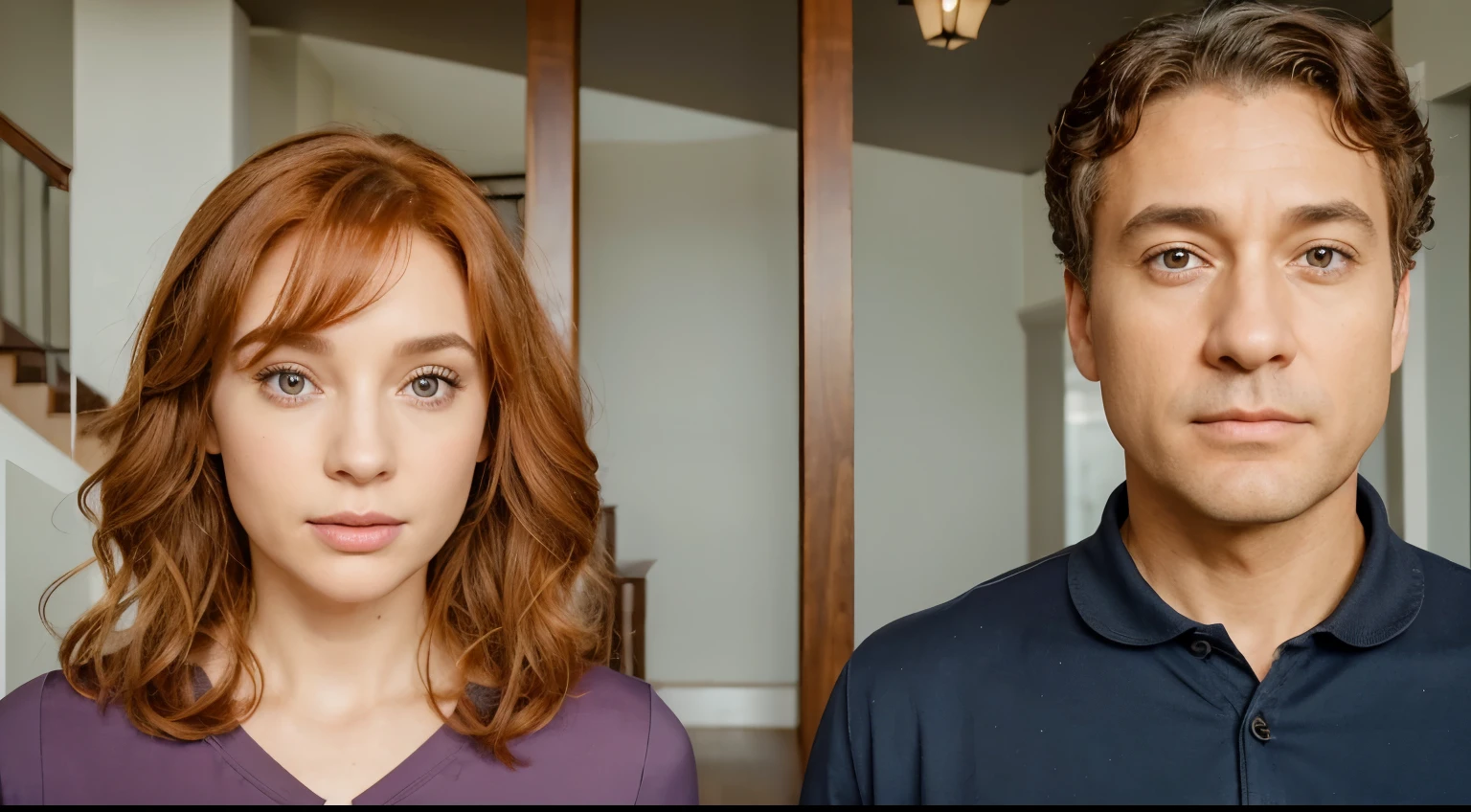 A realistic cinematic serene indoor setting where two individuals are standing side-by-side 
looking at each other with a surprise shocked facial expression. The person on the left is 
characterized as a white woman that is middle age appearing to be 40 years old, with gray eyes, 
& is a redhead in a purple shirt burgundy red undershirt. Having the facial appearance of 
Dana Scully. Opposite them, the other individual is a black man with woolly curly-hair 
appearing to be in his early-50s plus, clad in a navy blue collared shirt, with a staircase 
and lamp behind them.