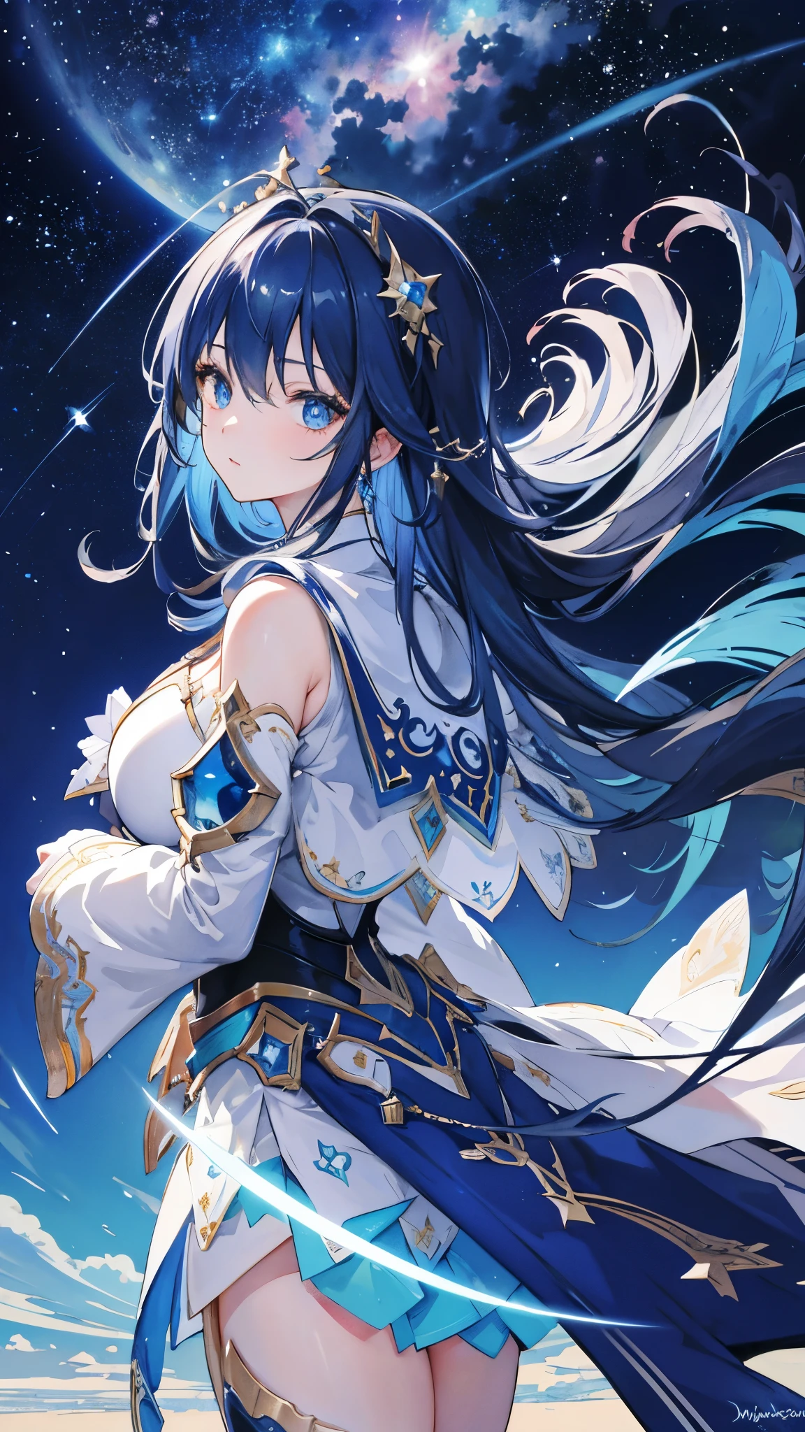 (masterpiece, highest quality), (Detailed Hair), watercolor, Big breasted, Vast landscape photography, 4K, (Dynamic configuration:1.4), Very detailed, masterpiece, One girl, universe, Concept Art, Shining Lights, Vast landscape photography, Atmospheric lighting, dream-like, Magic, one person, full moon, shooting star, nebula, Presented from above, Intricate details, universeの美しさ, Bright blue, black, Strong light, midjourney
