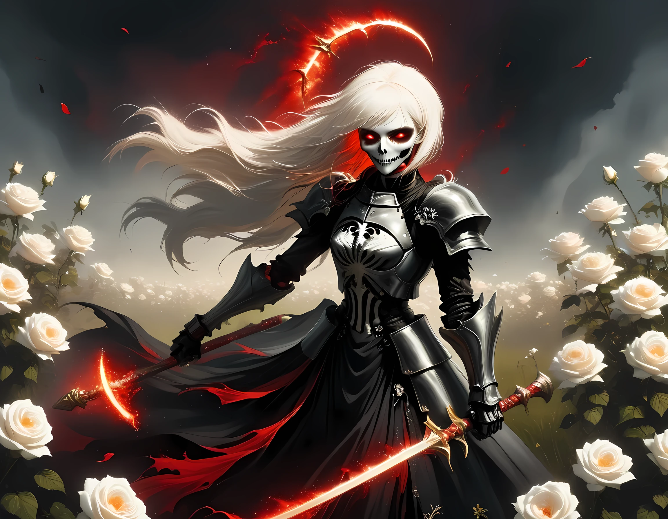 dark fantasy art, a female skeletal grim reaper in a field of white roses, the reaper has (skeletal head: 1.3) , long (white: 1.2) hair , red glowing eyes, she wears black robes, and black armor dress, ArmoredDress, flowing robes, she holds a scythe, in her arms, the scythe is dripping blood, a field of (white roses 1.4) background, dynamic range, ultra wide shot, photorealism, depth of field, hyper realistic, RagingNebula