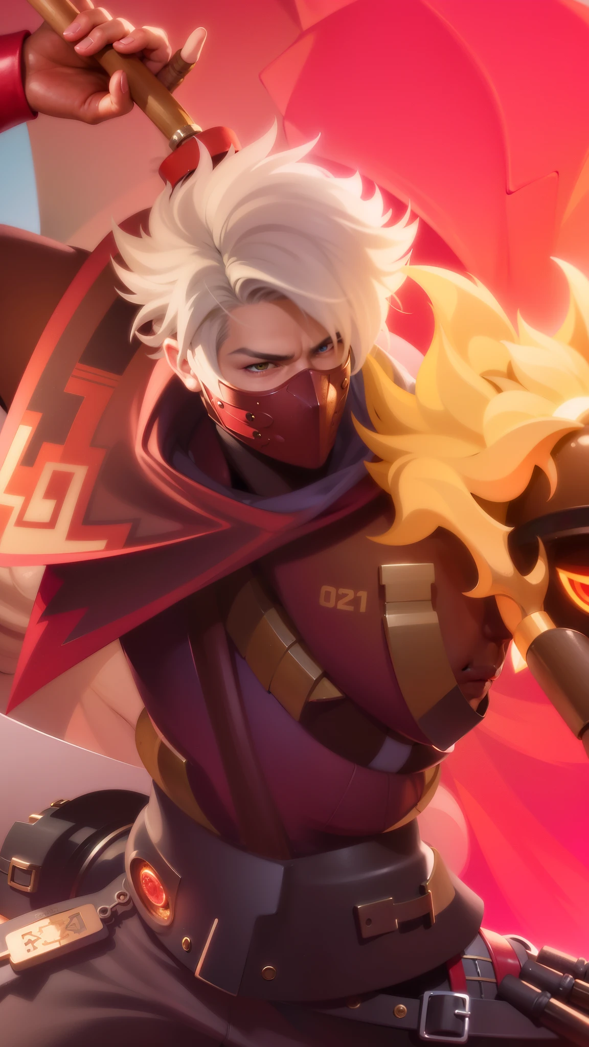 a close up of a guy with a steampunk mask on, Best quality, masterpiece, detailed skin texture, detailed clothes texture, detailed face, super detail, 8k, intricate detail, 1 boy, The color doesn't change, Muscle guy, 1 guy, strong red eye glow.