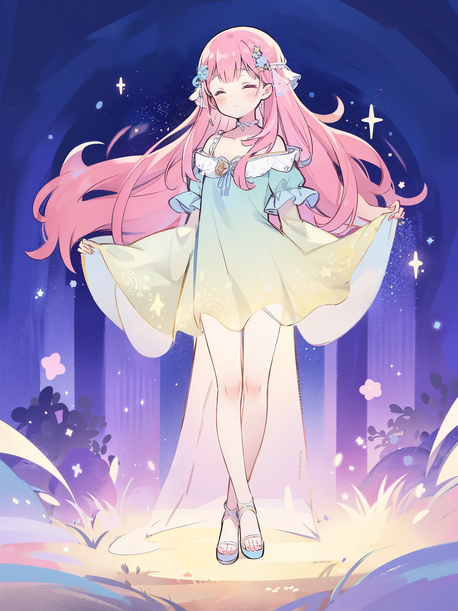 complex background, wishing star background, a woman wearing an ethereal mystical pink translucent dress that reflects the stars, perfume promo art, mystic, complex drawing, highly detailed, Covergirl brand, promo art, artistic rendition, ethereal, starry night, midjourney style