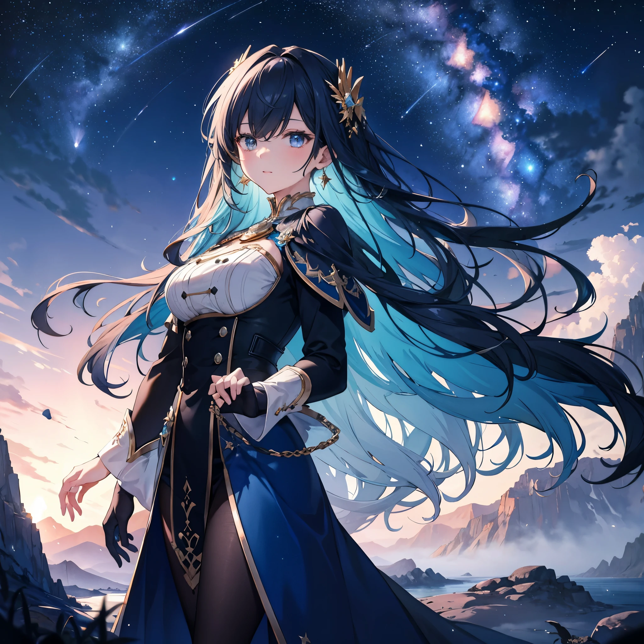(masterpiece, highest quality), (Detailed Hair), watercolor, Big breasted, Vast landscape photography, 4K, (Dynamic configuration:1.4), Very detailed, masterpiece, One girl, universe, Concept Art, Shining Lights, Vast landscape photography, Atmospheric lighting, dream-like, Magic, one person, full moon, shooting star, nebula, Presented from above, Intricate details, The beauty of the universe, Bright blue, black, Strong light, midjourney