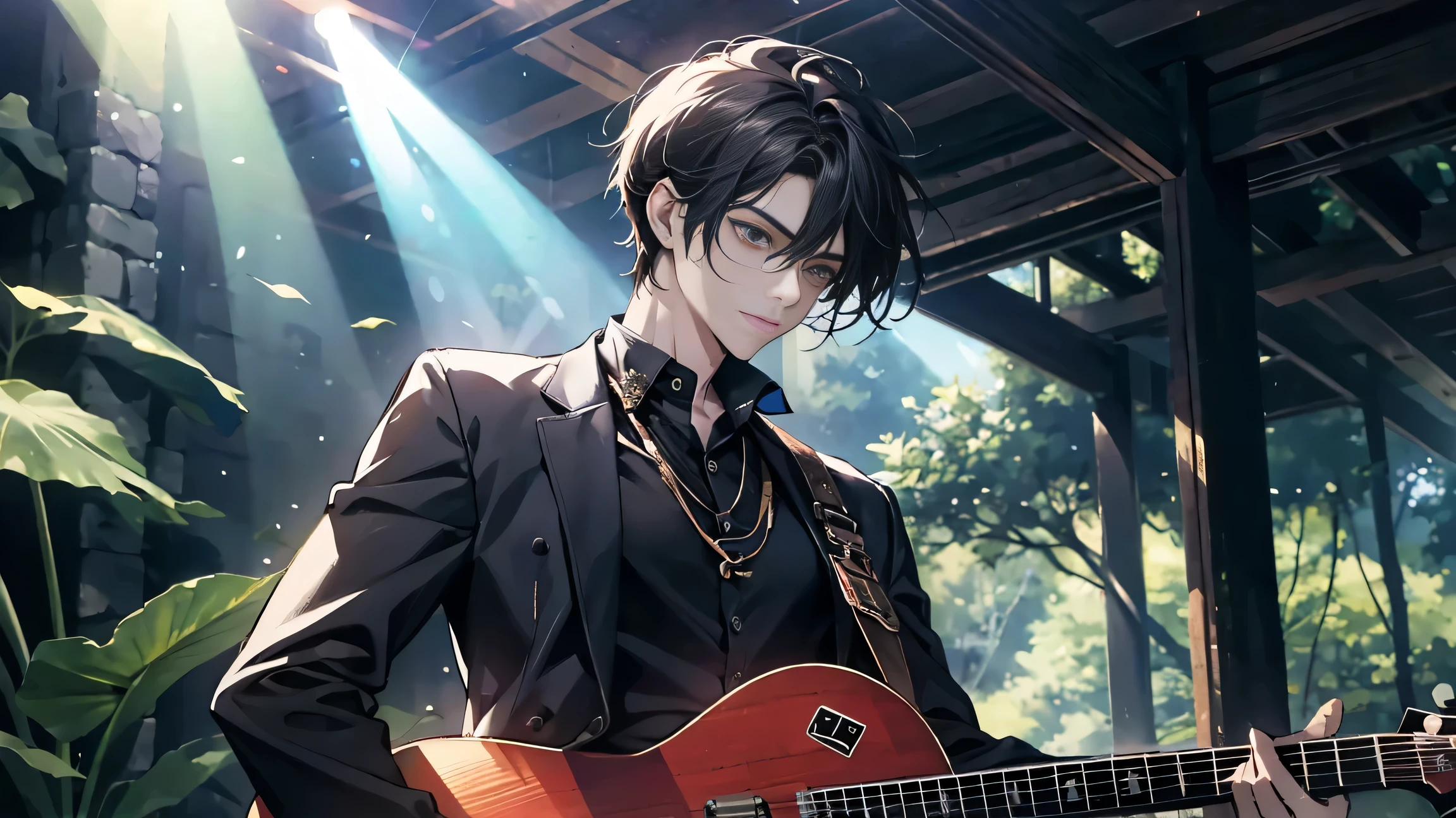 "Shot of a passionate rock guitarist, Surrounded by lush foliage in a secluded forest, wood々A place where sunlight shines through the dense leaves of, Create a play of light and shadow. Guitarist holding electric guitar, Inside the room、Bright metallic colors stand out. A passionate performance moment, Musicians are immersed in music,Beautiful sky,One androgynous young man"