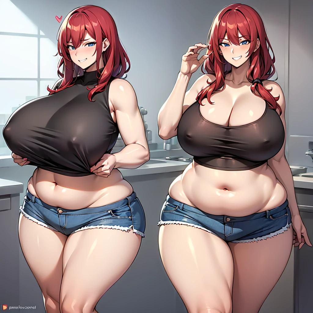 Your beautiful gorgeous sexy curvy tomboy girlfriend wearing a crop top and booty shorts,solo, blushing, grinning, accidentally cute pose, she knows you’re trying to make her fatter, she loves you, heavy chubby belly, wide hips, massive round heavy breasts, massive wide round heart shaped shelf bubble butt, long red hair, beautiful blue eyes, small tight revealing clothes,