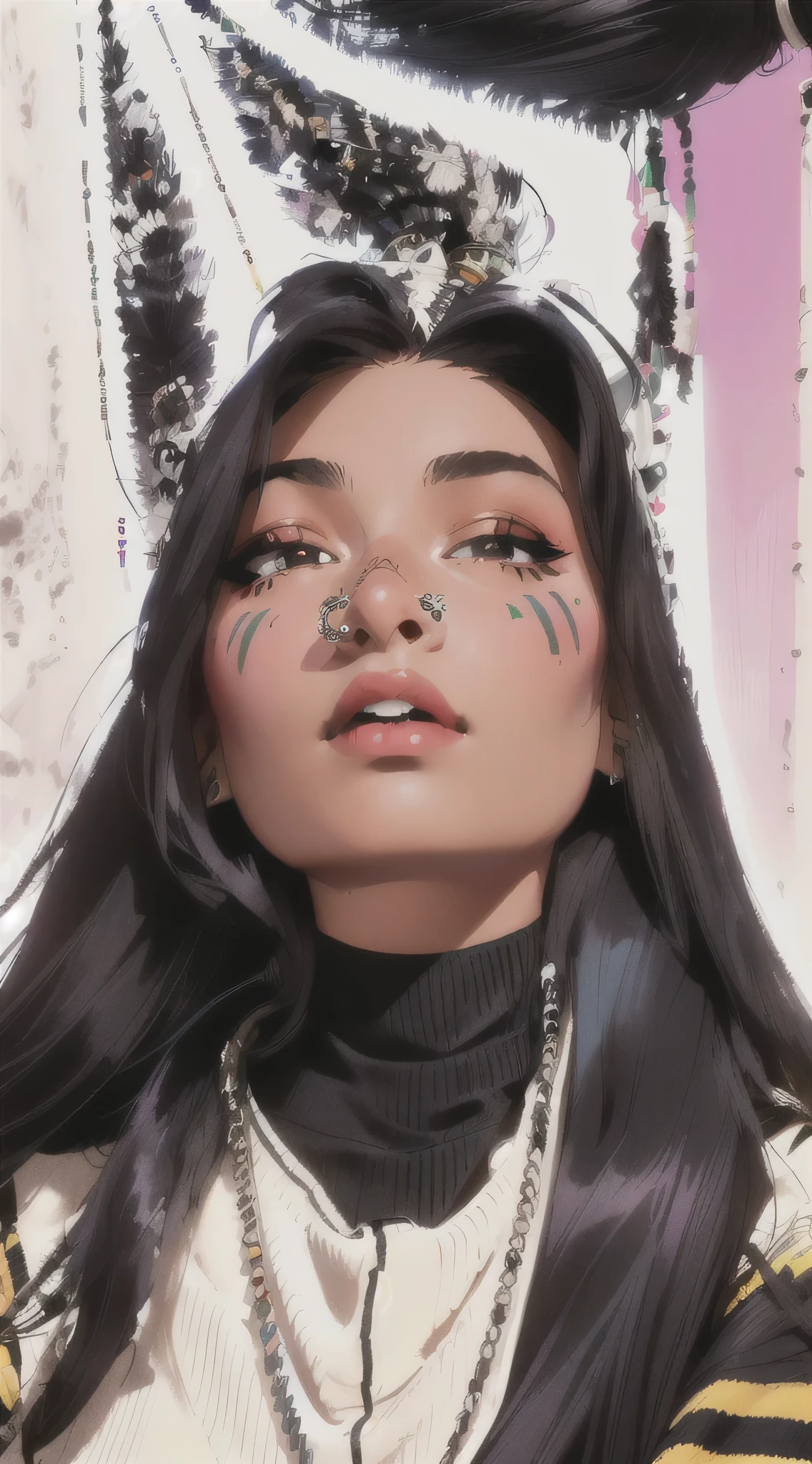 araffed native/mexican woman in a car with a black and white striped sweater, septum piercing, nose piercing, nose ring, 18 years old, with long hair and piercing eyes, half asian, wearing a native american choker, wearing spikes and piercings, small lips, small pointy nose,, picture, 22years old