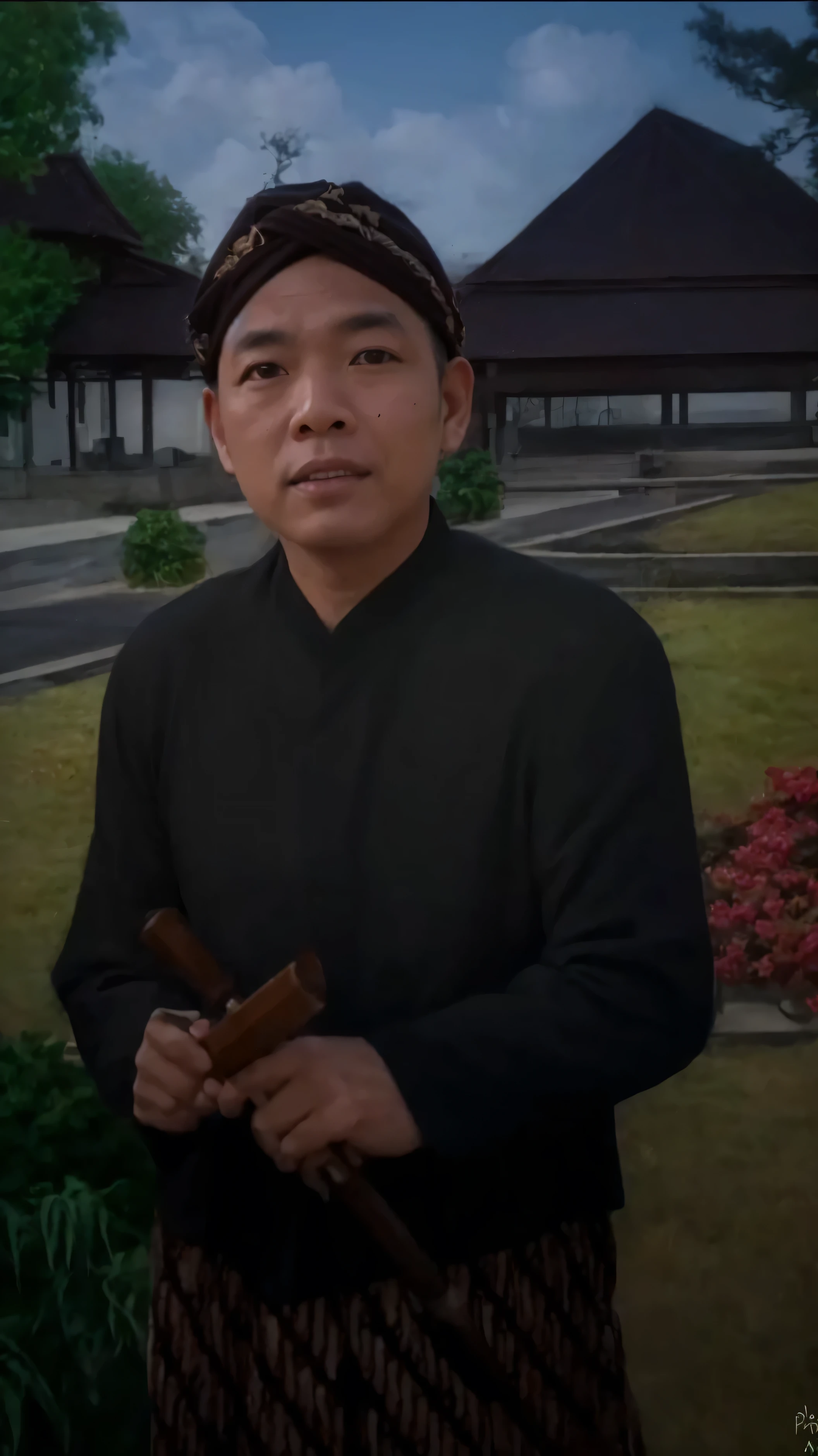 Make this photo look detailed and realistic, there a man who was a royal servant in Indonesia wearing java clothes and blangkon on head and holding a keris, was in a park in front of the pedopo, 6 0 years old man, very detailed potrait, realistic portrait photo, close up potrait, profile portrait, very detailed face, very realistic face, very perfected face, very detailed clothes, very realistic clothes, very perfected clothes