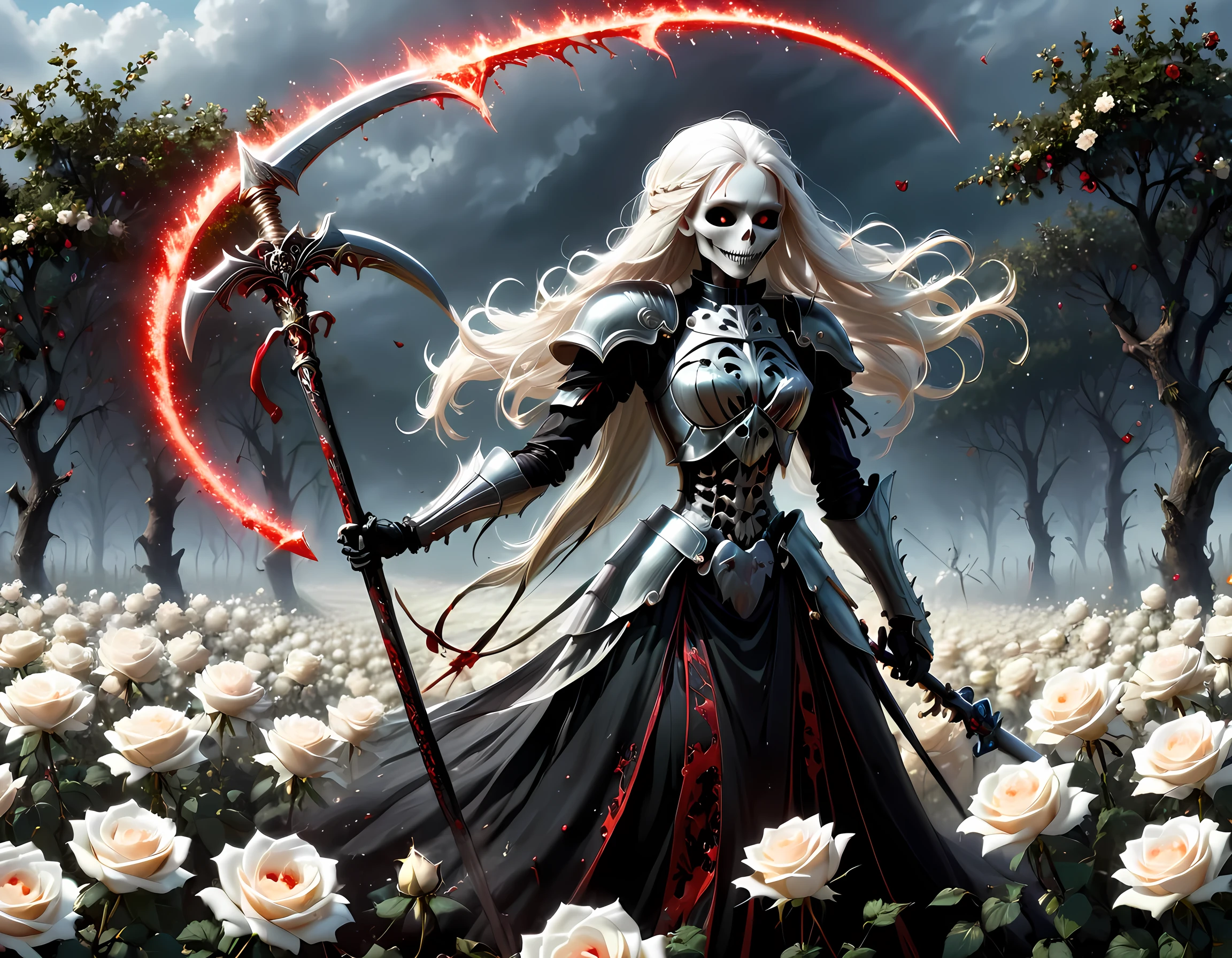 modisn disney, dark fantasy art, a female skeletal grim reaper in a field of white roses, the reaper has (skeletal head: 1.3) , long (white: 1.2) hair , red glowing eyes, she wears black robes, and black armor dress, ArmoredDress, flowing robes, she holds a scythe, in her arms, the scythe is dripping blood, a field of (white roses 1.4) background, dynamic range, ultra wide shot, photorealism, depth of field, hyper realistic, RagingNebula