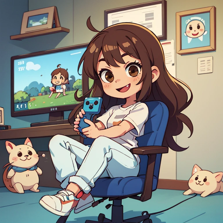 cartoon girl, smiley face, brown eyes, long slightly wavy brown tangled hair, white t-shirt, blue pants, white shoes, holding a joystick, sitting in a gaming chair, full-length chibi style
