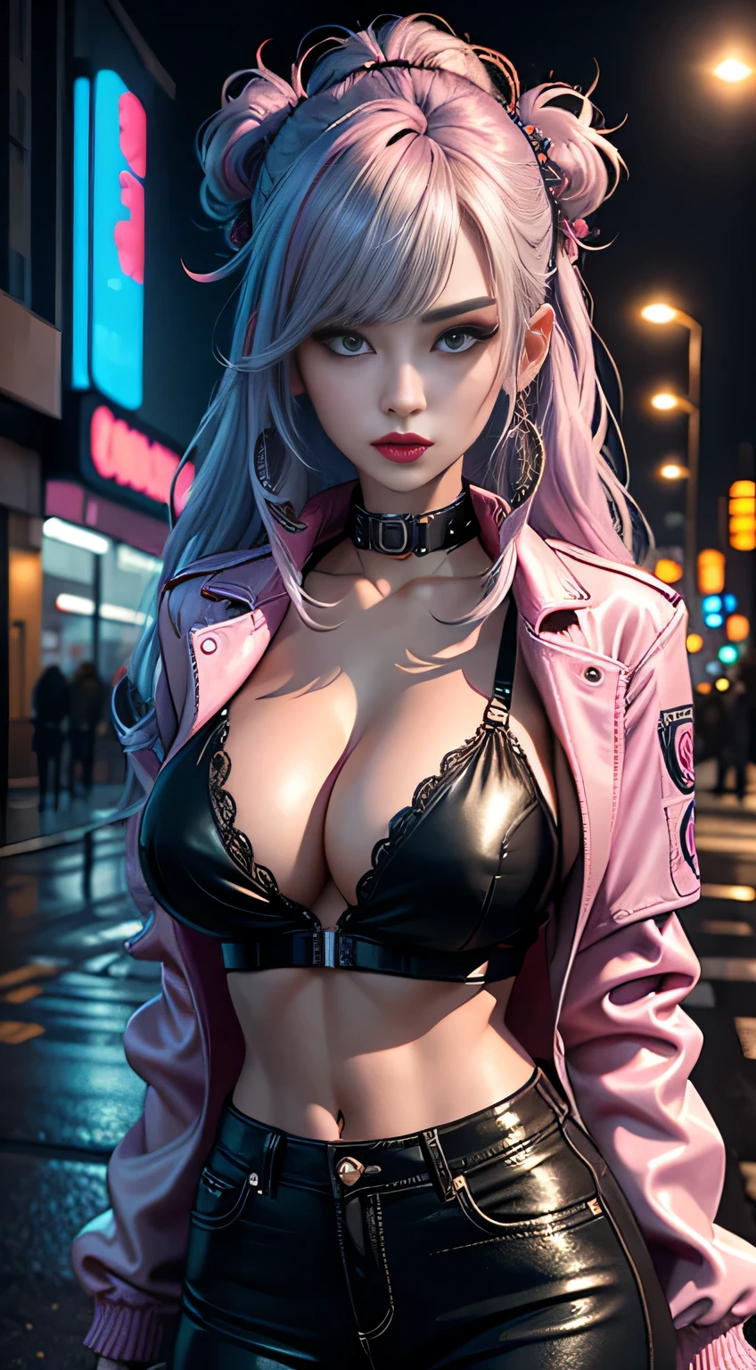 sfw, lucy \(cyberpunk\), 1girl, hair scrunchie, hime cut, silver hair, colored tips, full moon, grey eyes, jacket, long sleeves, looking at viewer, medium hair, multicolored hair, parted bangs, parted lips, pink hair, portrait, red eyeliner, red lips, solo, white jacket, cyberpunk \(series\), rainy night in a cyberpunk city with glowing neon lights, wearing bra,((skinny waist)), young asian girl, ((big breasted)),