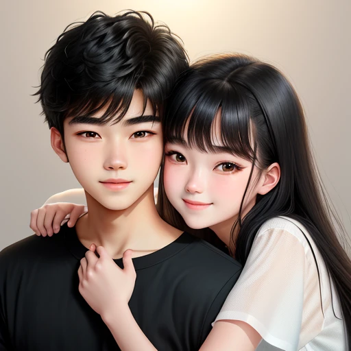 20-year-old boy and 18-year-old girl, Detailed face, Detailed eyes, double eyelid, cute, sunny, warm, smile, Handsome-cool-warm-strong-boy with black hair hug hot-seductive-sexy-cute-beautiful-girl with black hair and blushing face. Intimate vibes. Couple kissing scene. Lovemaking.