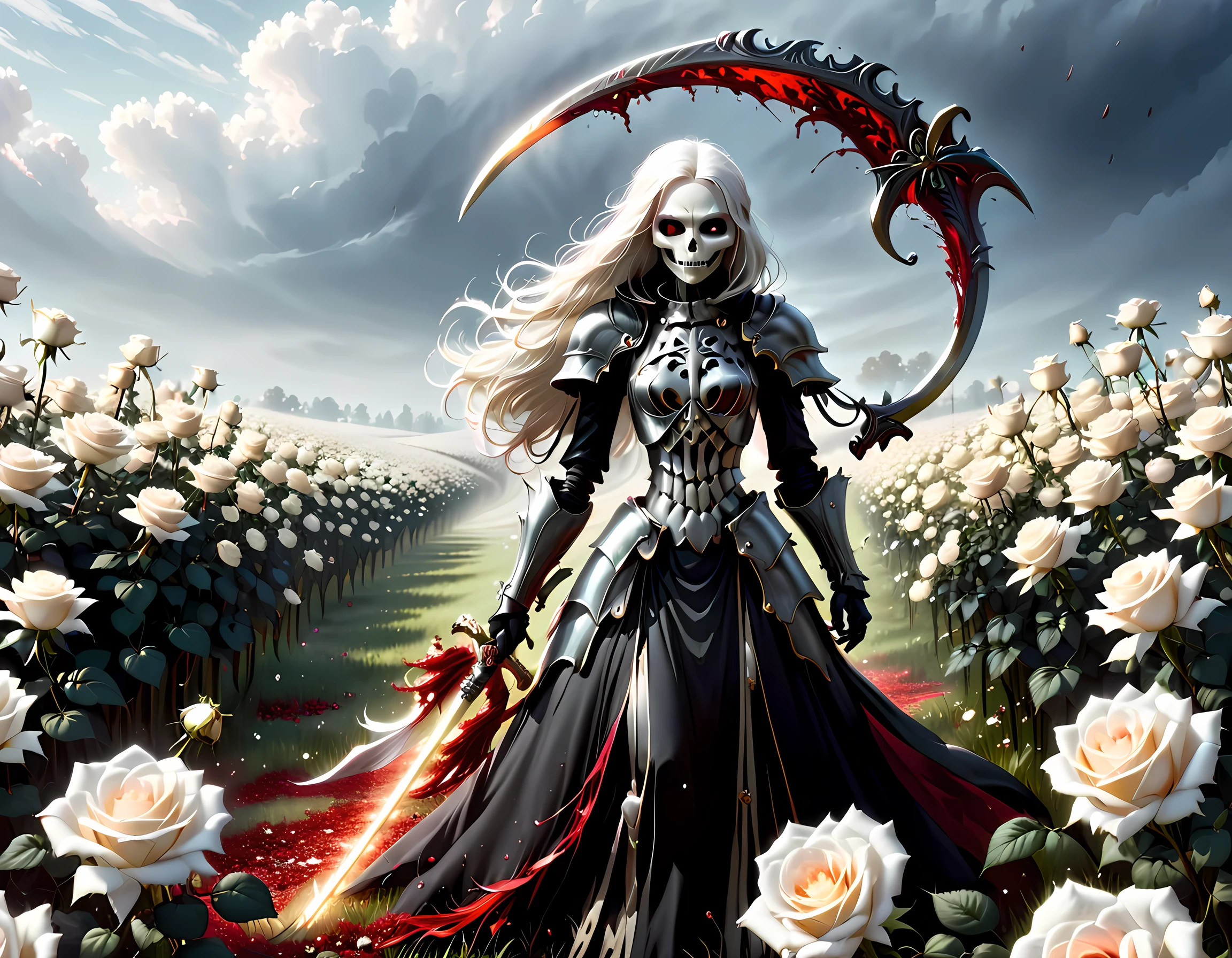 modisn disney, dark fantasy art, a female skeletal grim reaper in a field of white roses, the reaper has (skeletal head: 1.3) , long (white: 1.2) hair , red glowing eyes, she wears black robes, and black armor dress, ArmoredDress, flowing robes, she holds a scythe, in her arms, the scythe is dripping blood, a field of (white roses 1.4) background, dynamic range, ultra wide shot, photorealism, depth of field, hyper realistic, RagingNebula