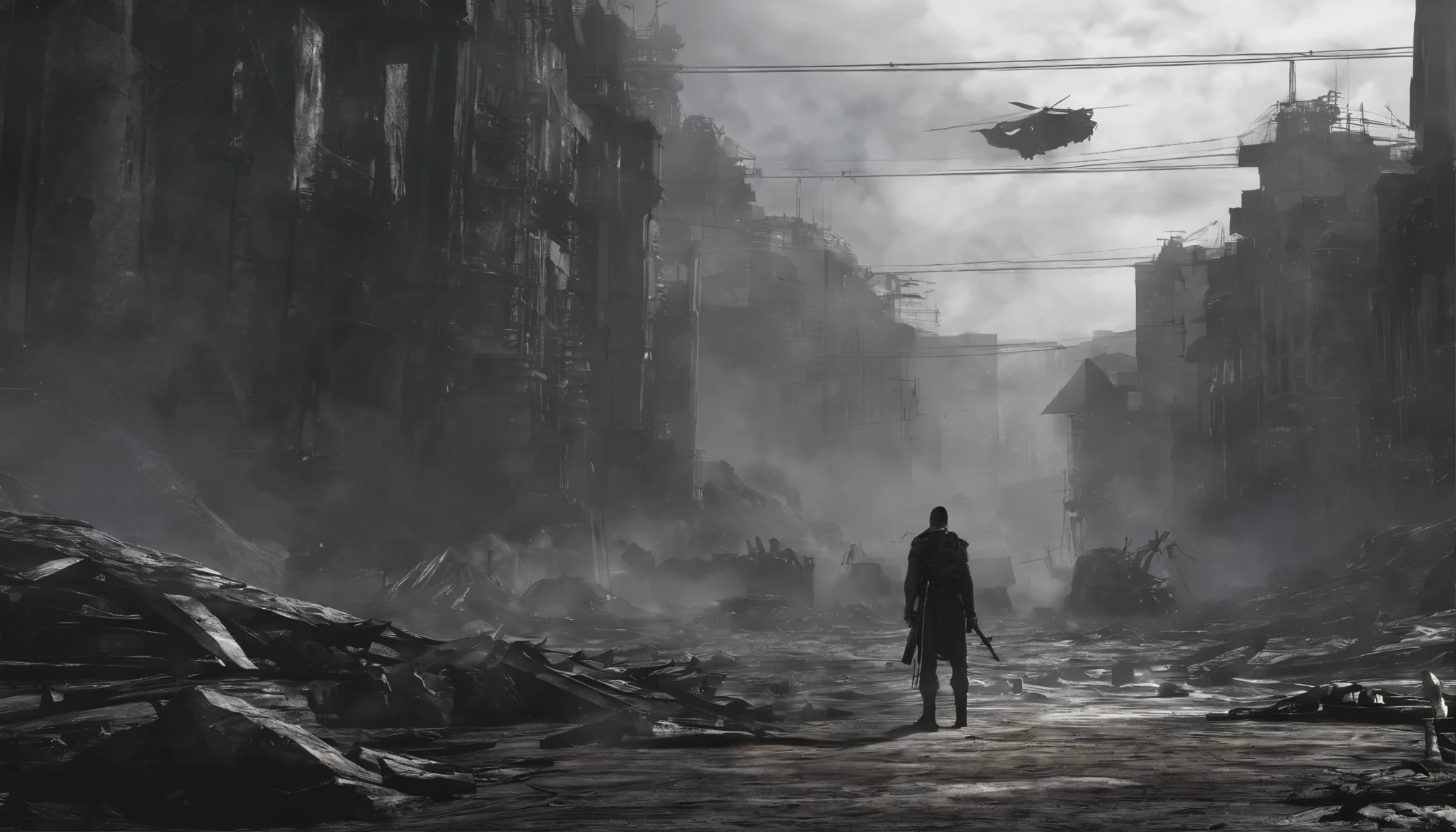 realista, 4k, um anjo + Rei esqueleto com detalhes intrincados, featuring detailed information items and skill images with dynamic effects + com grandes asas, uma espada, a hood over the head in the background image of a war (caos)