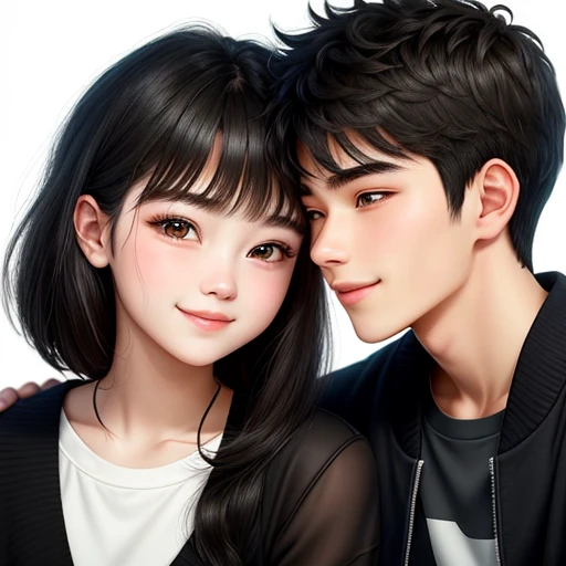20-year-old boy and 18-year-old girl, Detailed face, Detailed eyes, double eyelid, cute, sunny, warm, smile, Handsome-cool-warm-strong-boy with black hair kiss hot-seductive-sexy-cute-beautiful-girl with black hair and blushing face. Intimate vibes. Couple kissing scene. Lovemaking.