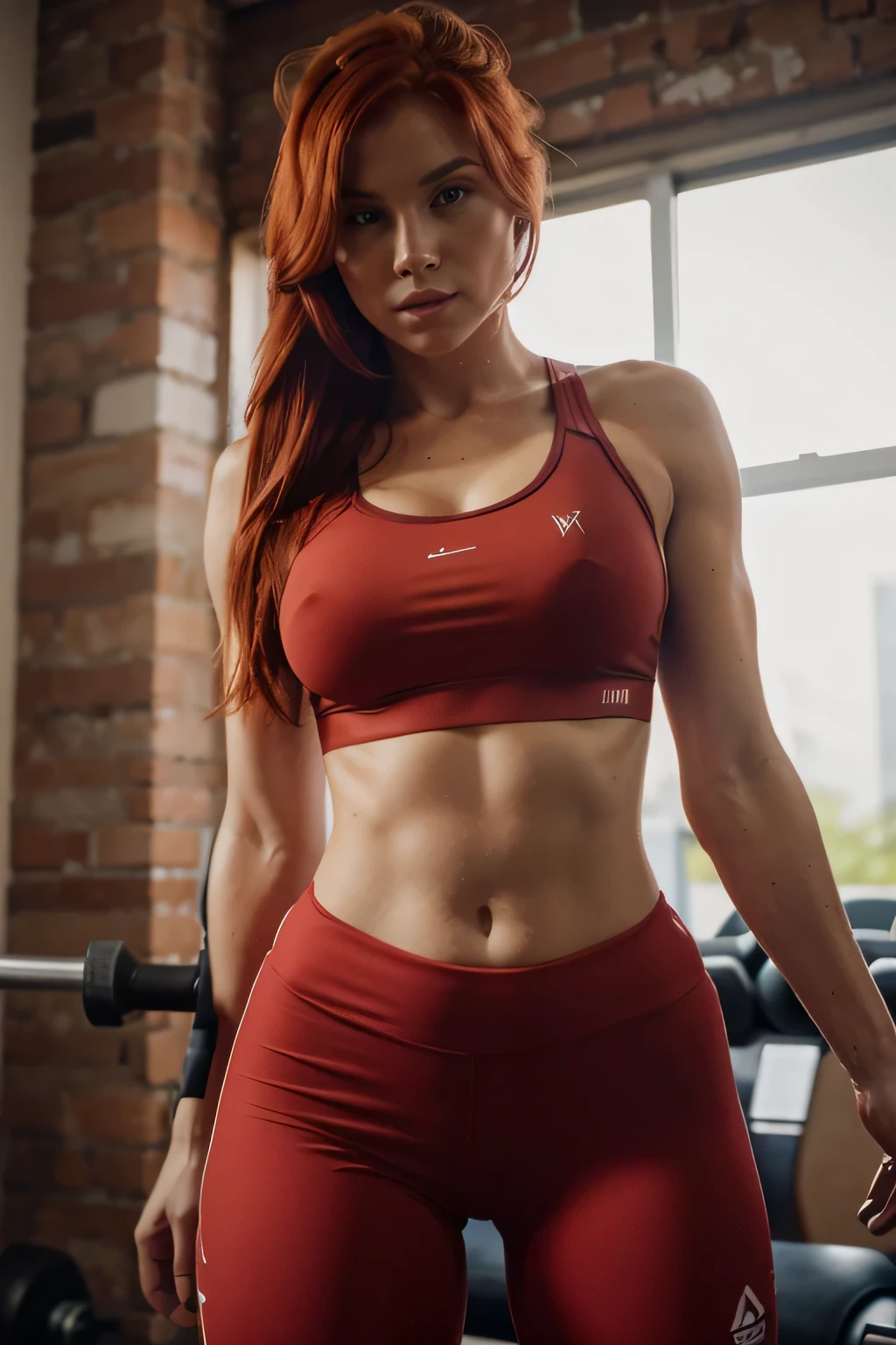 A beautiful red-haired woman is in the gym, usando uma roupa atraente, alta qualidade 8k