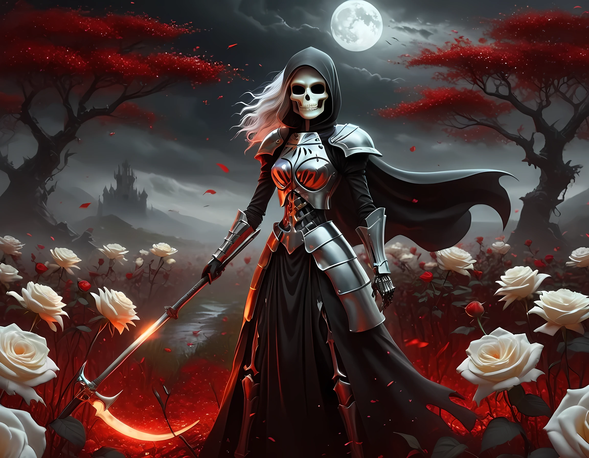 dark fantasy art, a female skeletal grim reaper in a field of white roses, the reaper has (skeletal head: 1.3) , long (white: 1.2) hair , red glowing eyes, she wears black robes, and black armor dress, ArmoredDress, flowing robes, she holds a scythe, in her arms, the scythe is dripping blood, a field of white roses background (best details, Masterpiece, best quality: 1.4), dynamic range, ultra wide shot, photorealism, depth of field, hyper realistic, RagingNebula