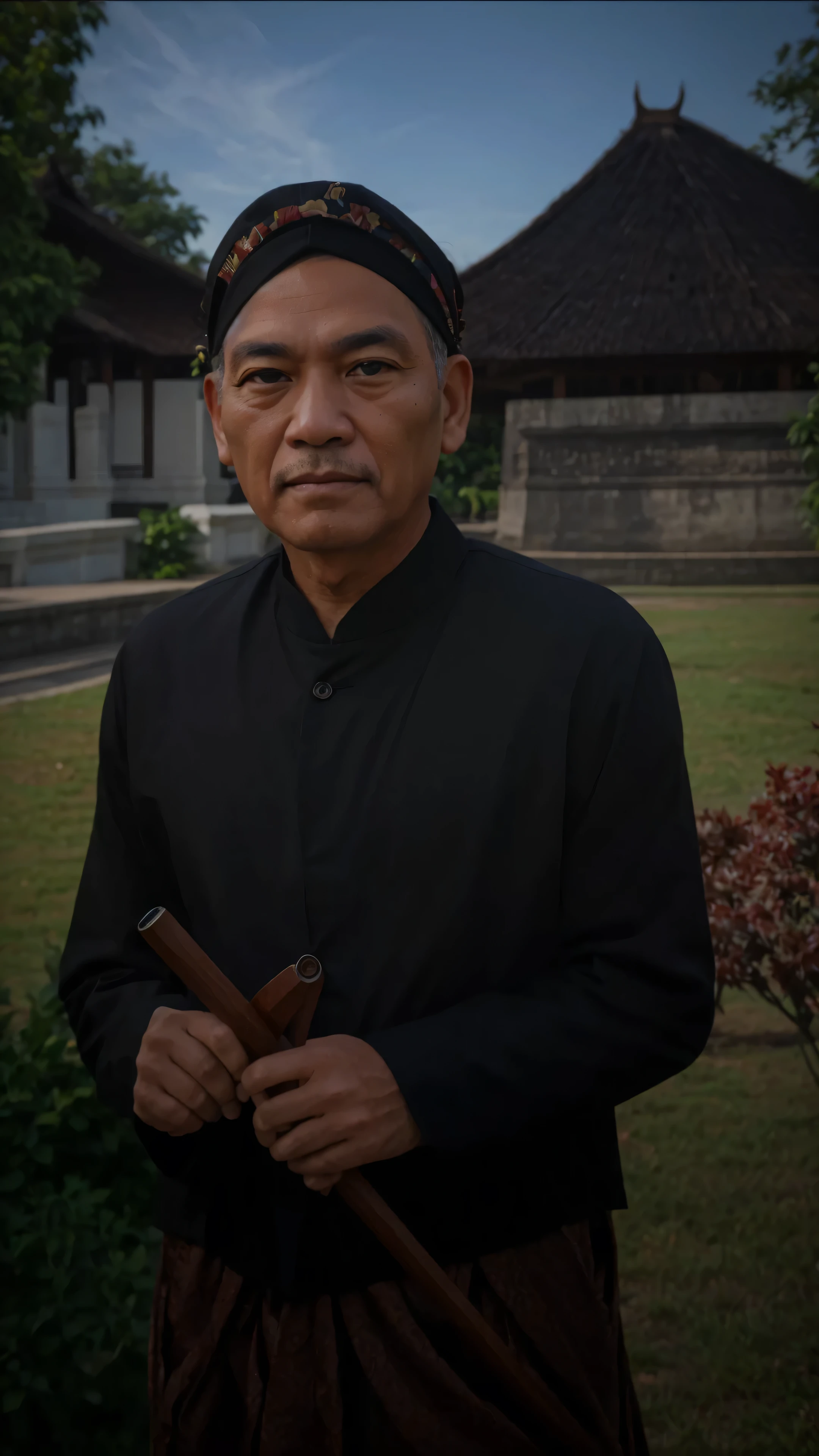 Make this photo look detailed and realistic, there a man who was a royal servant in Indonesia wearing java clothes and blangkon on head and holding a keris, was in a park in front of the pedopo, 6 0 years old man, very detailed potrait, realistic portrait photo, close up potrait, profile portrait, very detailed face, very realistic face, very perfected face, very detailed clothes, very realistic clothes, very perfected clothes
