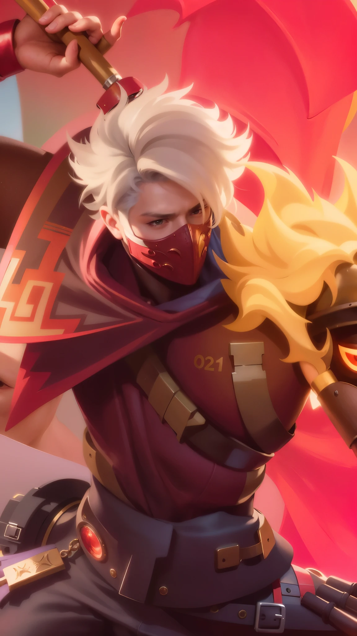 a close up of a guy with a steampunk mask on, Best quality, masterpiece, detailed skin texture, detailed clothes texture, detailed face, super detail, 8k, intricate detail, 1 boy, The color doesn't change, Muscle guy, 1 guy, strong red eye glow.