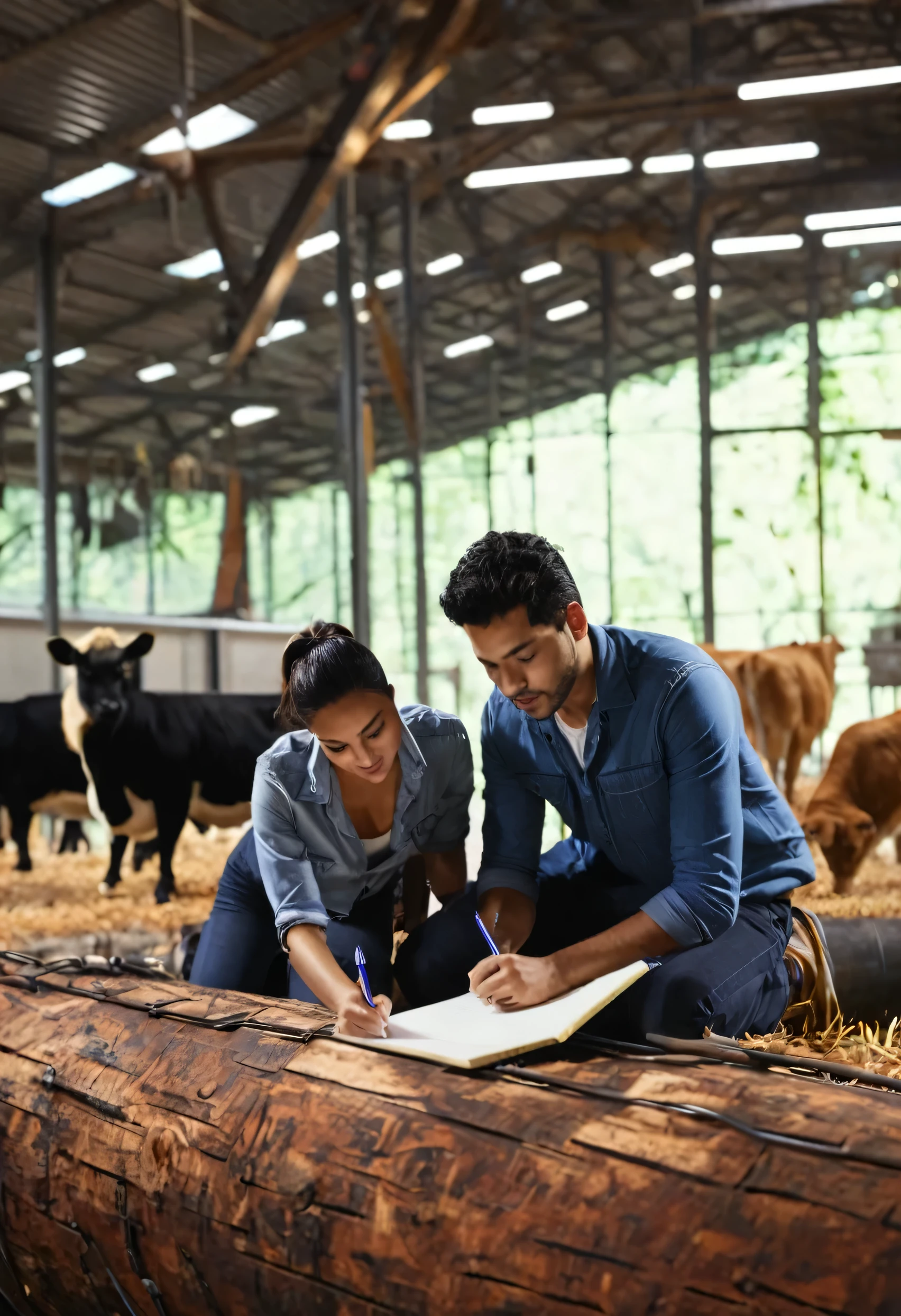 two young latin man and woman animal production engineers writing down log inside large modern steel barn, metal y limpio y organizado con vacas , backlit, sharp focus on feline, bokeh effect on background foliage, cinematic film still