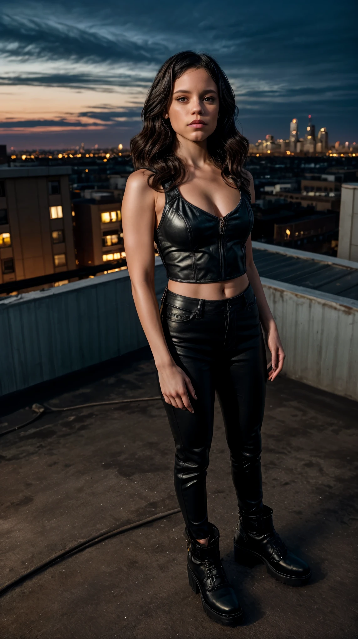 Jenna Ortega, jortega:2, (most realistic, high-quality) depiction of  Katie Sackhoff as Black Canary (wearing the classic yellow and black costume), standing on a rooftop with city skyline behind them, with a film noir vibe and gritty atmosphere, capturing their heroic and edgy personalities.
