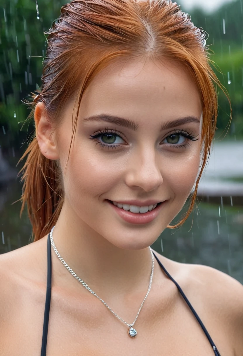 hyperrealistic beautiful busty 18-year-old women fully nude with see-through vinyl raincoat, model shooting full body photography, view from behind, natural redhead short straight ponytail, dark eye makeup with eyeliner, seductive smile, small necklace, 8K, Best quality, Meisterwerk, ultra high resolution, (Realismus: 1.4), Originalfoto, (realistische Hautstruktur: 1.3), (Filmkorn: 1.3), (Selfie-Winkel), 1 girl, Beautiful round hazel eyes and facial details, Meisterwerk, Best quality, posing outside in the rain, nsfw