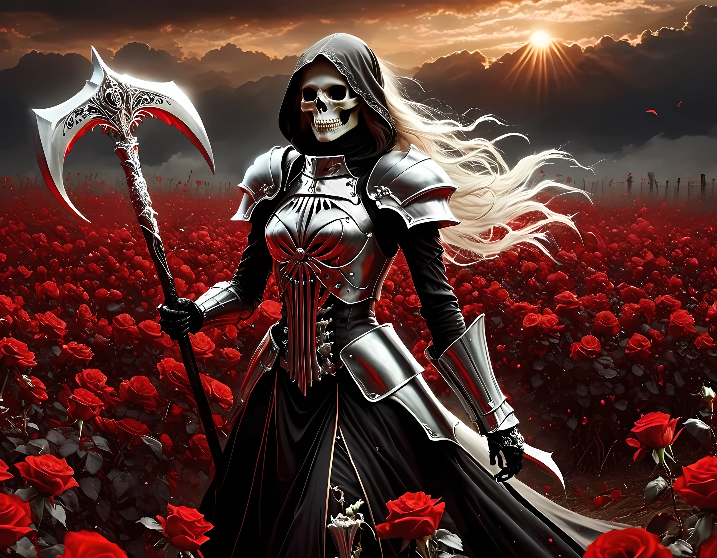 dark fantasy art, a female skeletal grim reaper in a field of white roses, the reaper has (skeletal head: 1.3) , long (white: 1.2) hair , red glowing eyes, she wears black robes, and black armor dress, ArmoredDress, flowing robes, she holds a scythe, in her arms, the scythe is dripping blood, a field of white roses background (best details, Masterpiece, best quality: 1.4), dynamic range, ultra wide shot, photorealism, depth of field, hyper realistic, RagingNebula