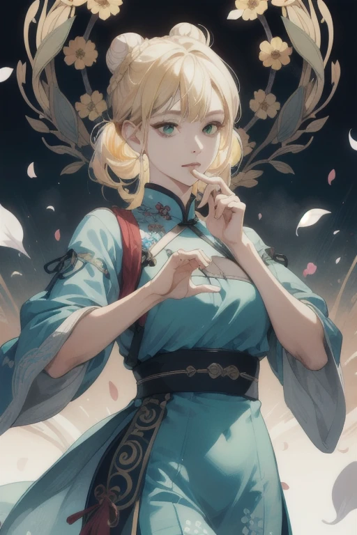 (absurdres, highres, ultra detailed), 1girl, mature female,blonde hair tied two buns, long hair, blunt bangs, green eyes, blue Qipao dress, finely detailed eyes and detailed face, extremely detailed CG unity 8k wallpaper, intricate details, BREAK , kaleidoscopic imagery, symmetrical patterns, vibrant colors, geometric shapes, mesmerizing designs, optical illusions, dynamic composition BREAK , pantomime art, expressive body language, silent storytelling, evocative gestures, visual narratives, theatrical performances BREAK,water flying around, colorful petals, fragrant scents, nature's bounty, vibrant gardens, peaceful scenery