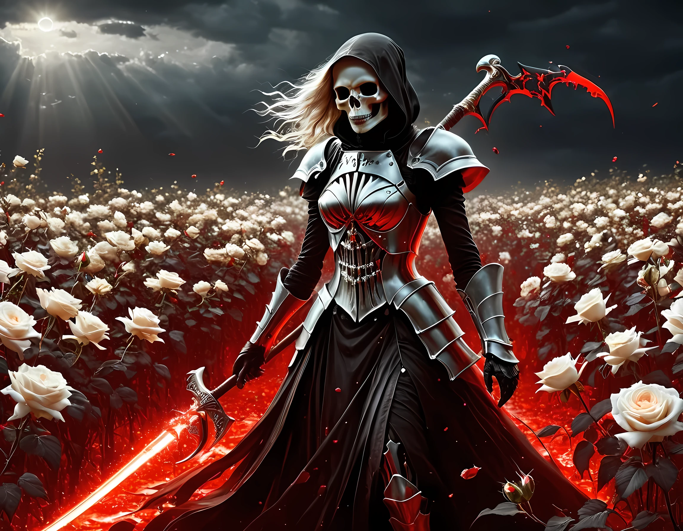 dark fantasy art, a female skeletal grim reaper in a field of white roses, the reaper has (skeletal head: 1.3) , long (white: 1.2) hair , red glowing eyes, she wears black robes, and black armor dress, ArmoredDress, flowing robes, she holds a scythe, in her arms, the scythe is dripping blood, a field of white roses background (best details, Masterpiece, best quality: 1.4), dynamic range, ultra wide shot, photorealism, depth of field, hyper realistic, RagingNebula